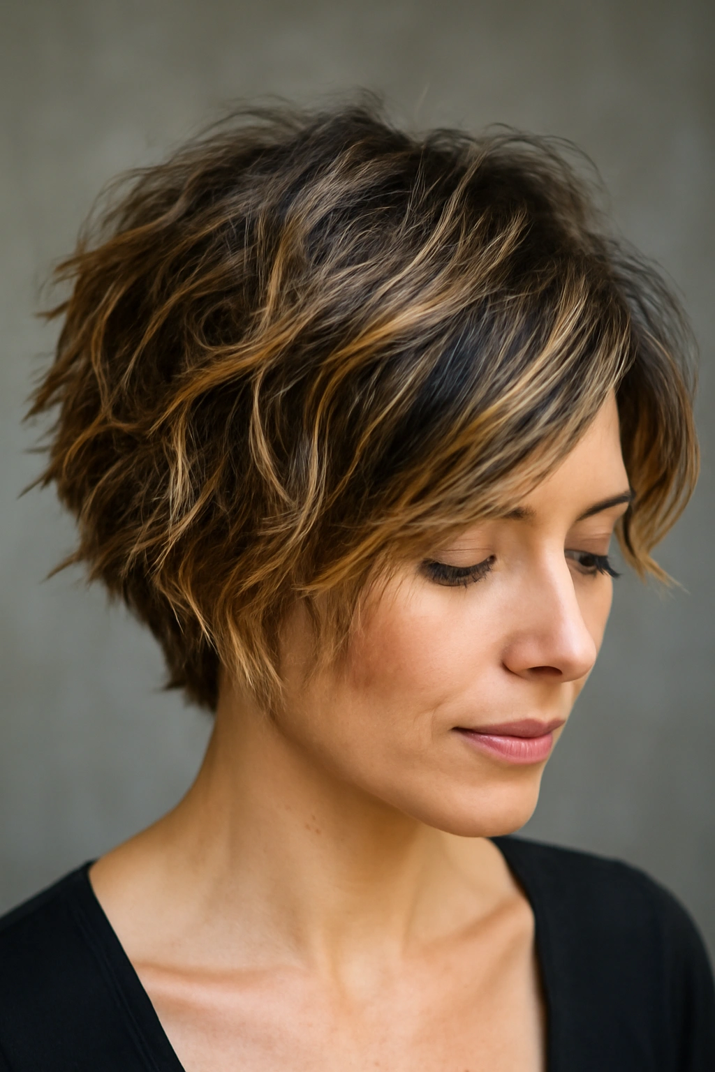 Undone textured hair with dimensional color highlights