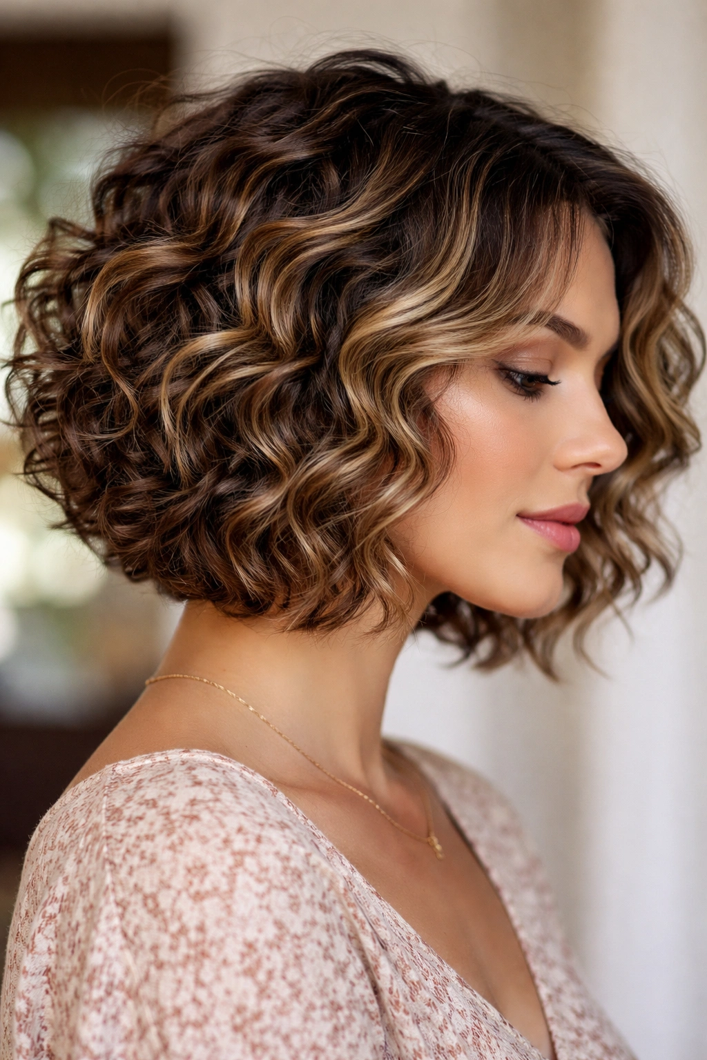 Curly bob with dimensional highlights showing light and dark strands in choppy layers