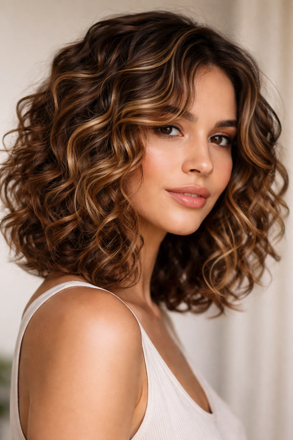 Curly lob showing dimensional highlights and face-framing lighter strands