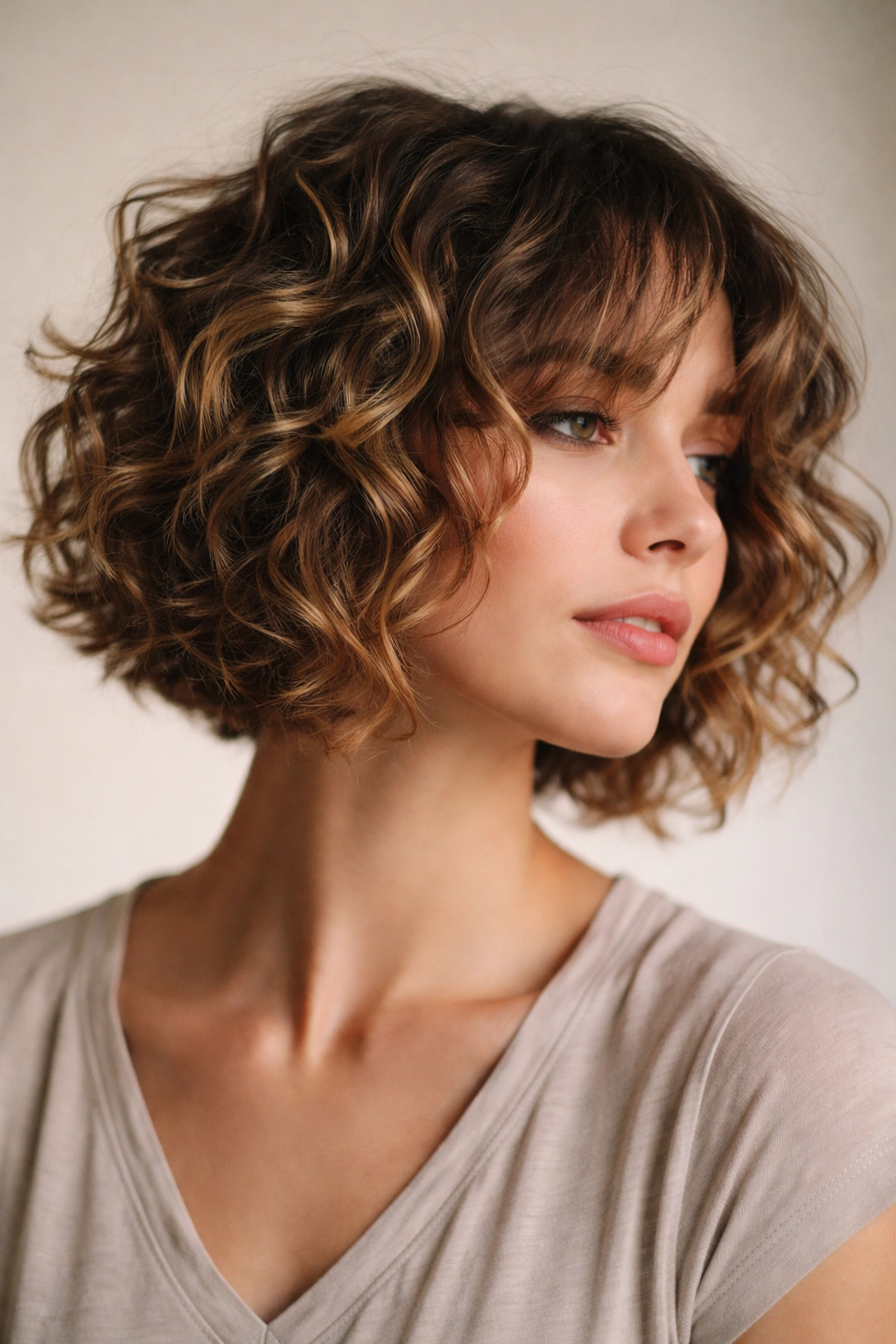 Close-up of a curly bob with disconnected chunks and defined texture in a studio setting