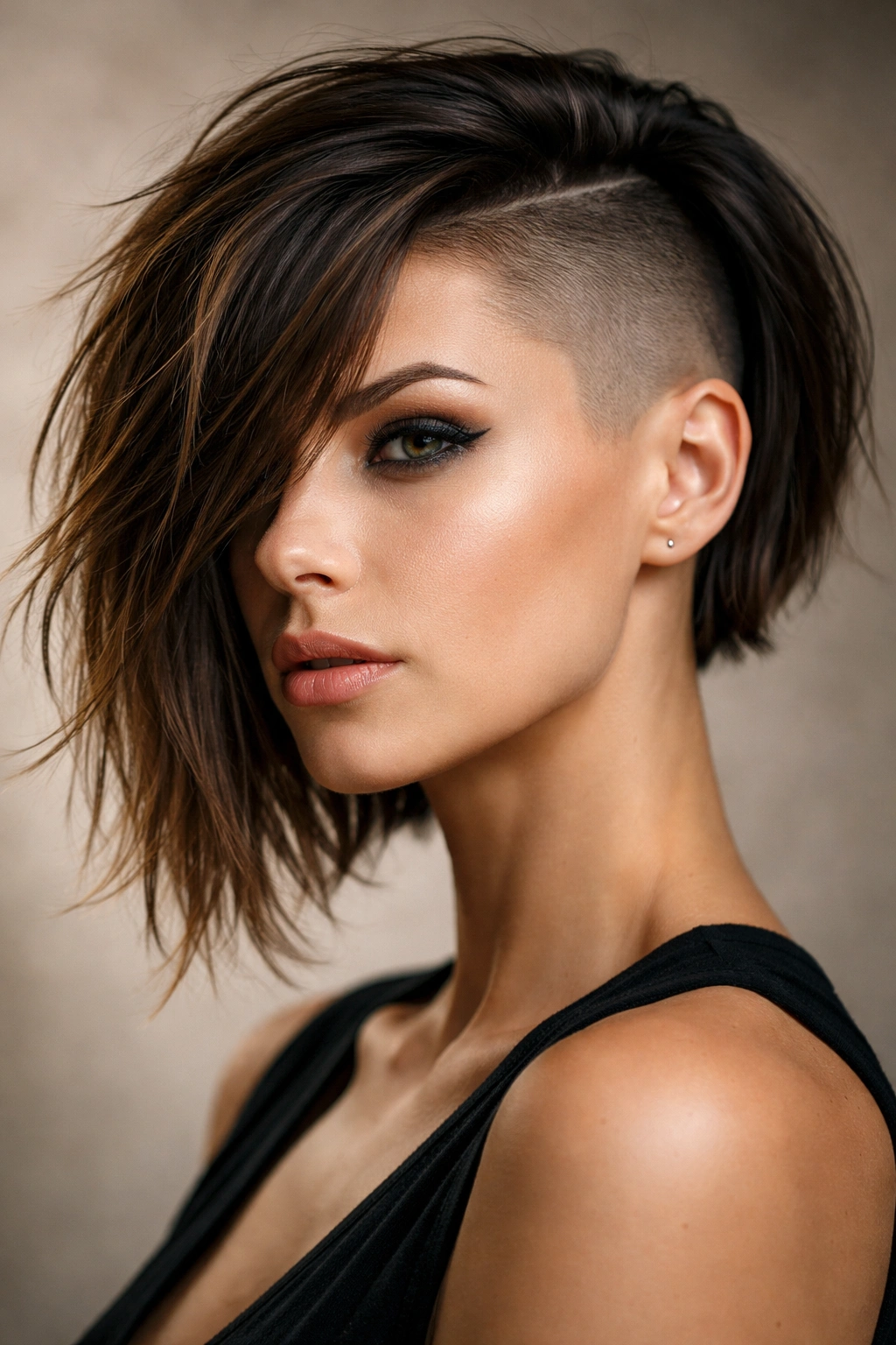 Side profile of a disconnected bob with a shaved side showing high-contrast texture