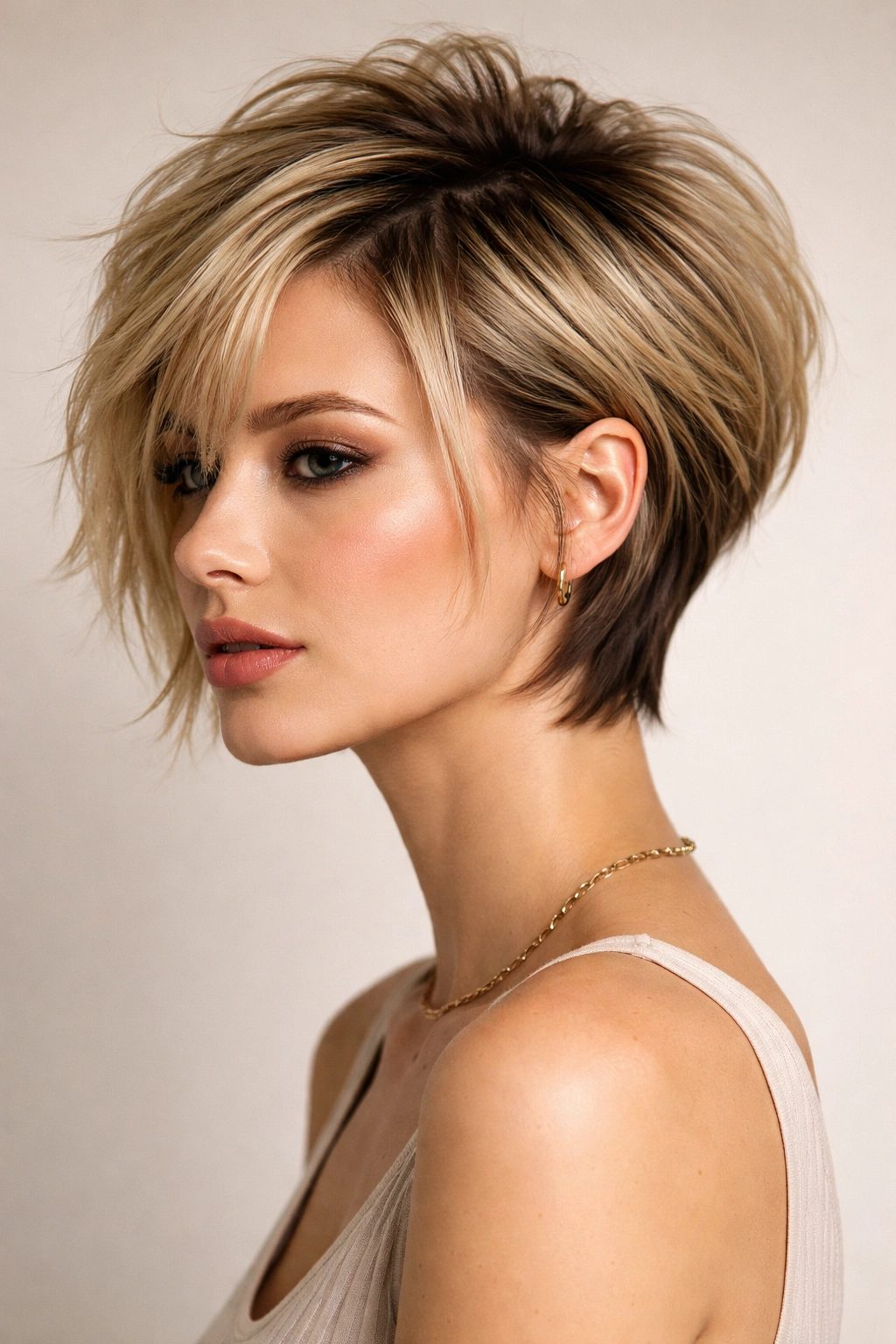 Close-up of The Disconnected Textured Bob showing short crown and longer sides with high-contrast disconnect