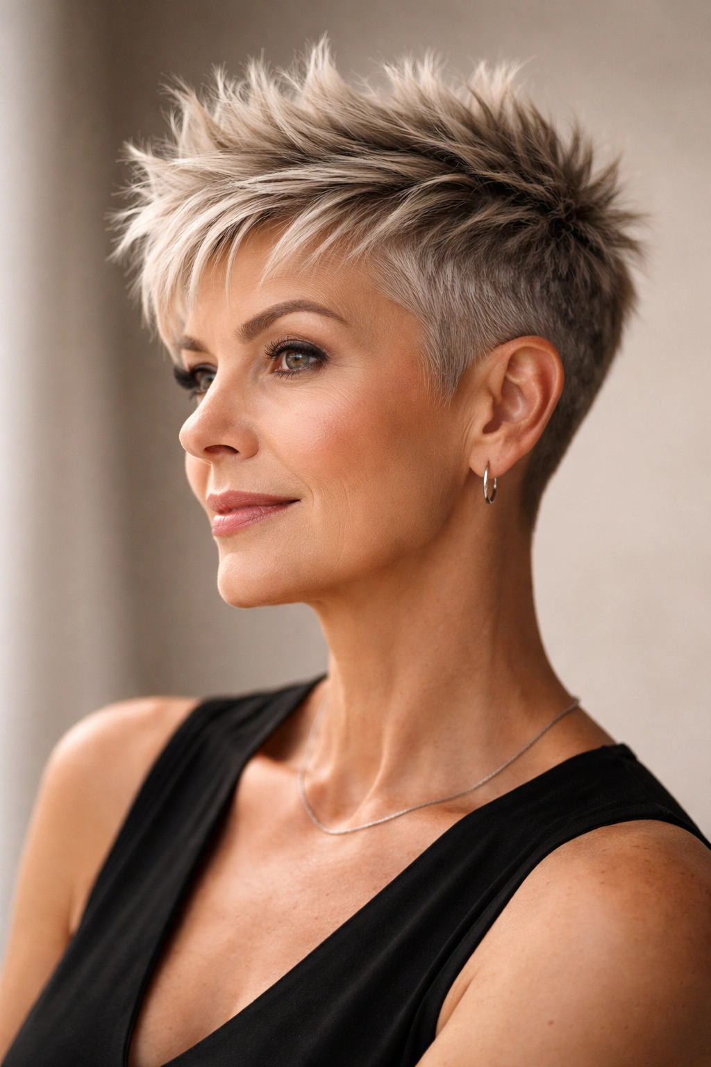 Portrait of a woman with a disconnected crop showing a long top and short sides