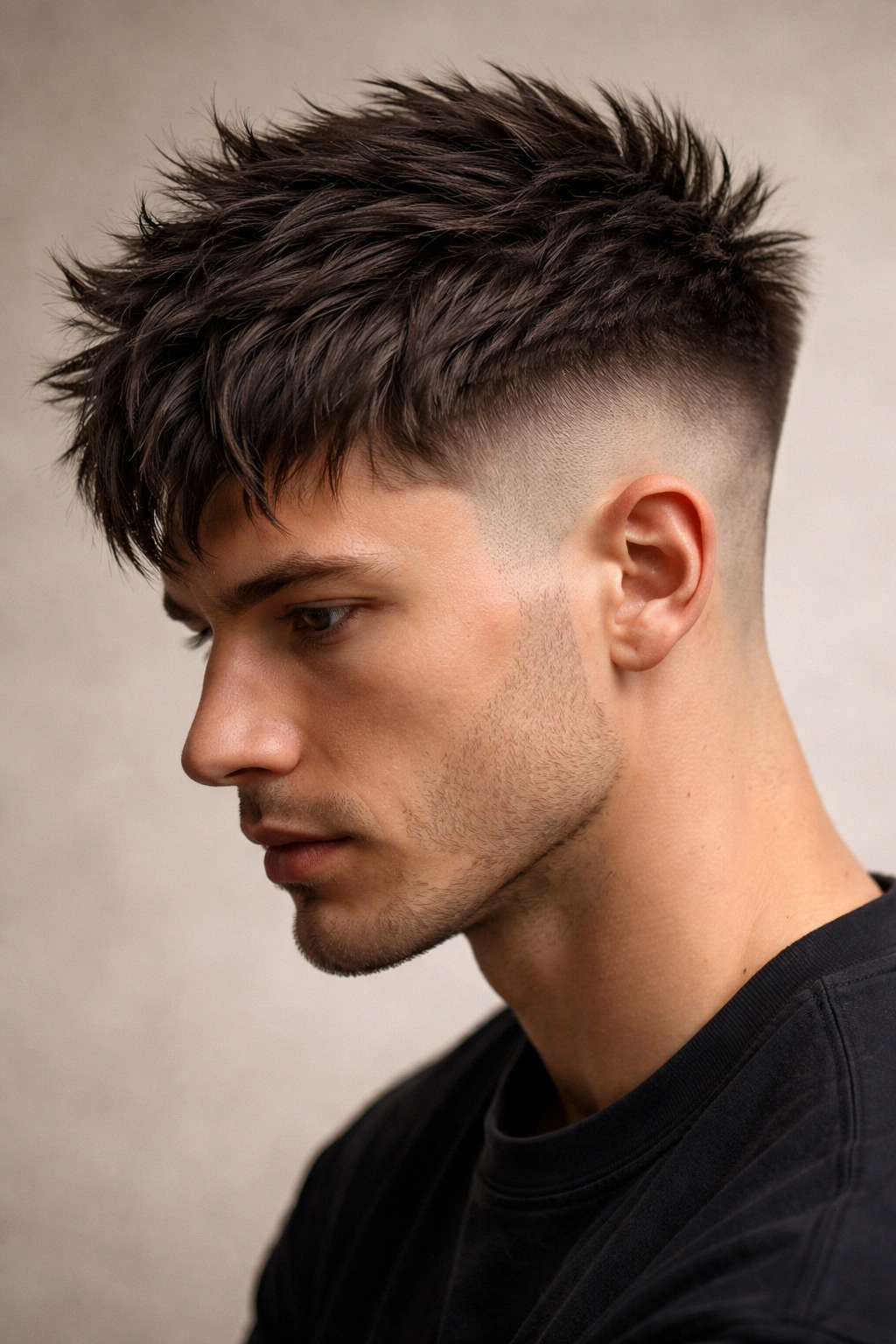 Close-up of a model with a bold disconnected crop undercut showing textured top and shaved sides