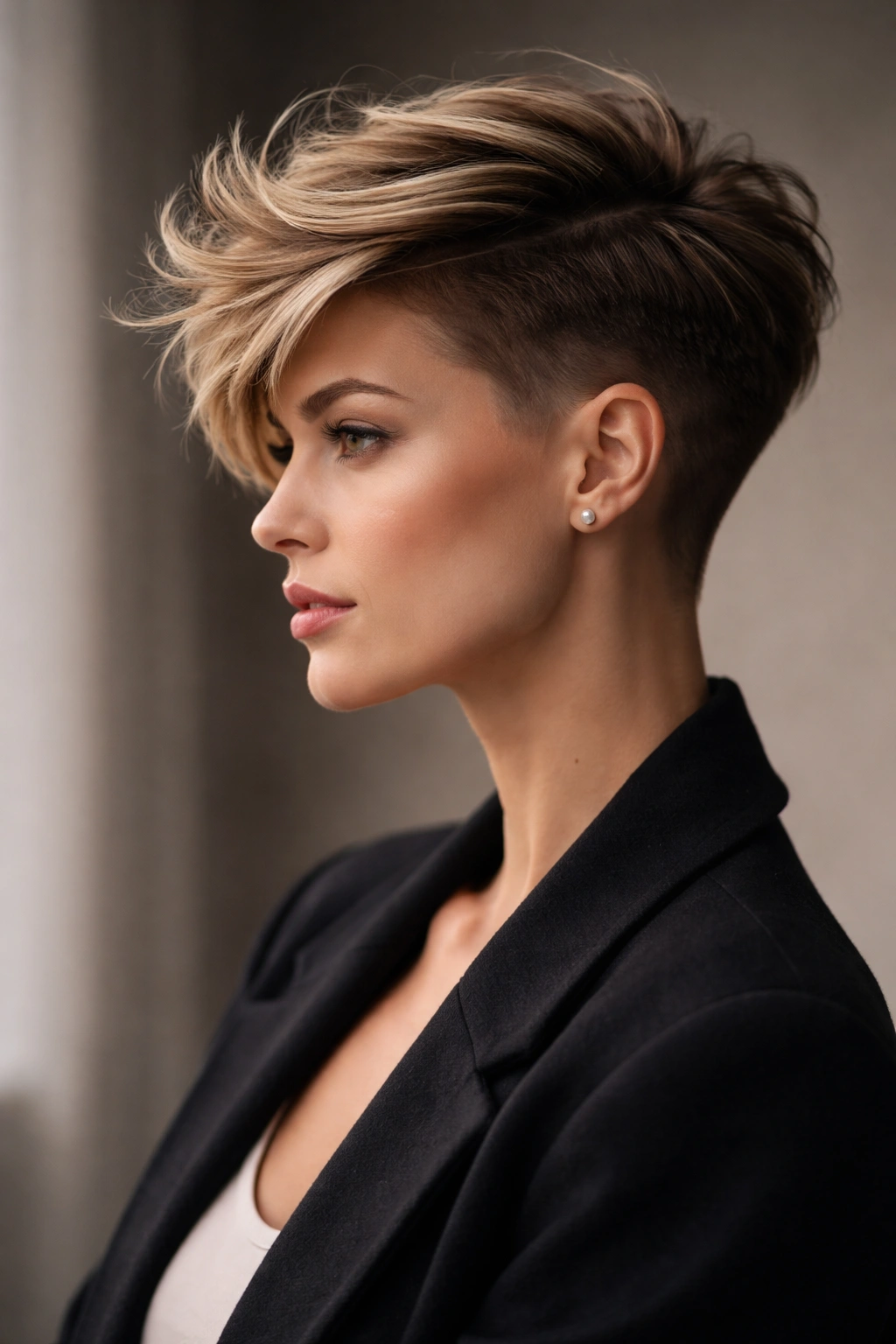 Portrait of a person with a disconnected cut showing a clearly longer top and shorter sides for architectural contrast.