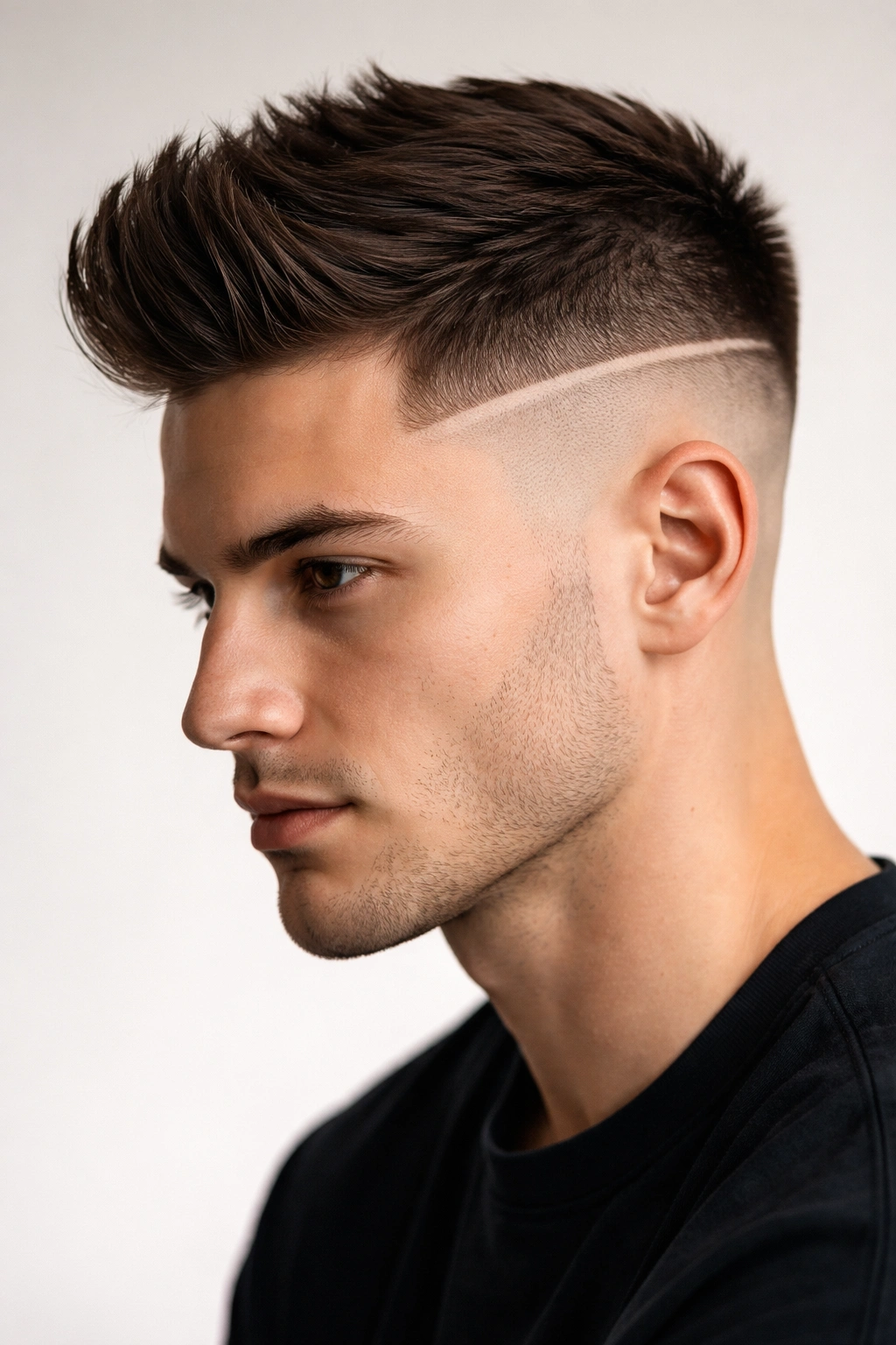 Disconnected fade hairstyle with a sharp line between top and faded sides.