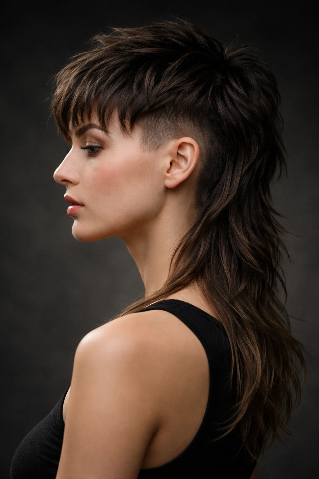 Profile view of a person with a disconnected fade mullet, side fade and long back