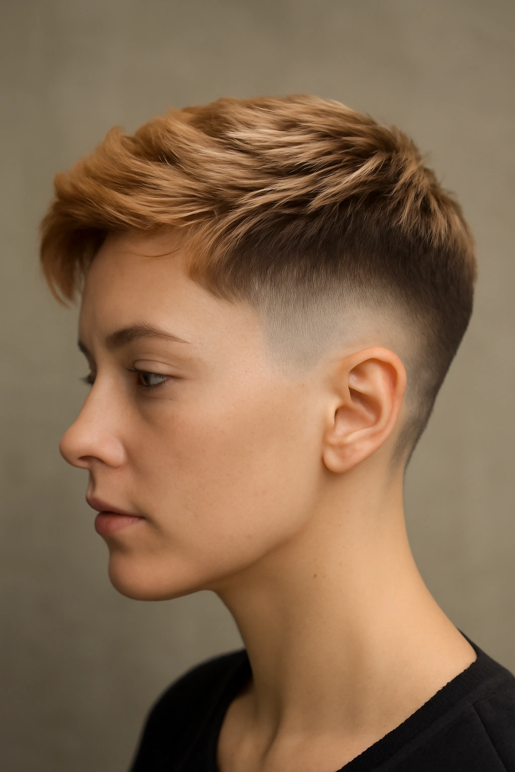 Profile of disconnected fade with peachy-blonde ombre highlighting top-side separation.