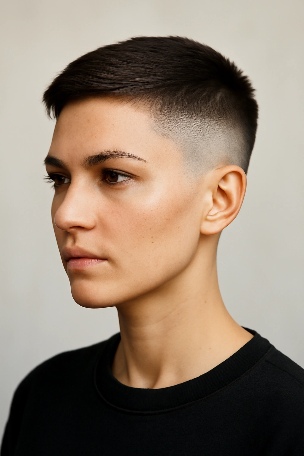 Close-up of a head showing a disconnected fade with short undercut and longer top