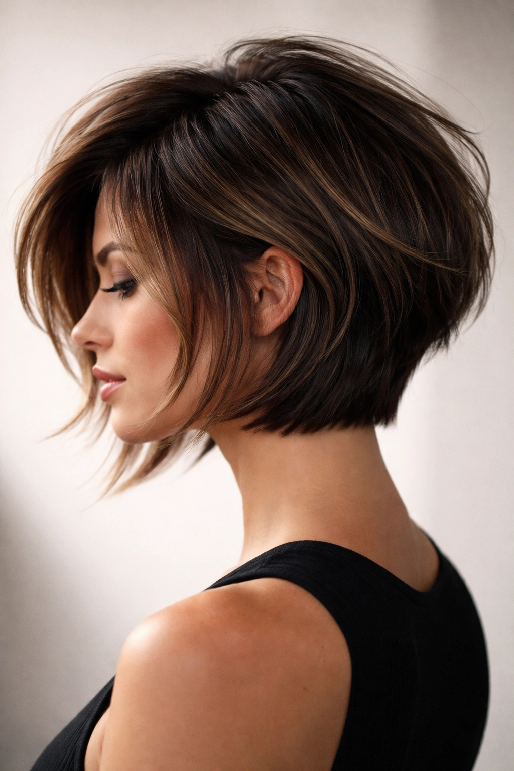 Disconnected layered bob showing stark separation on thick hair
