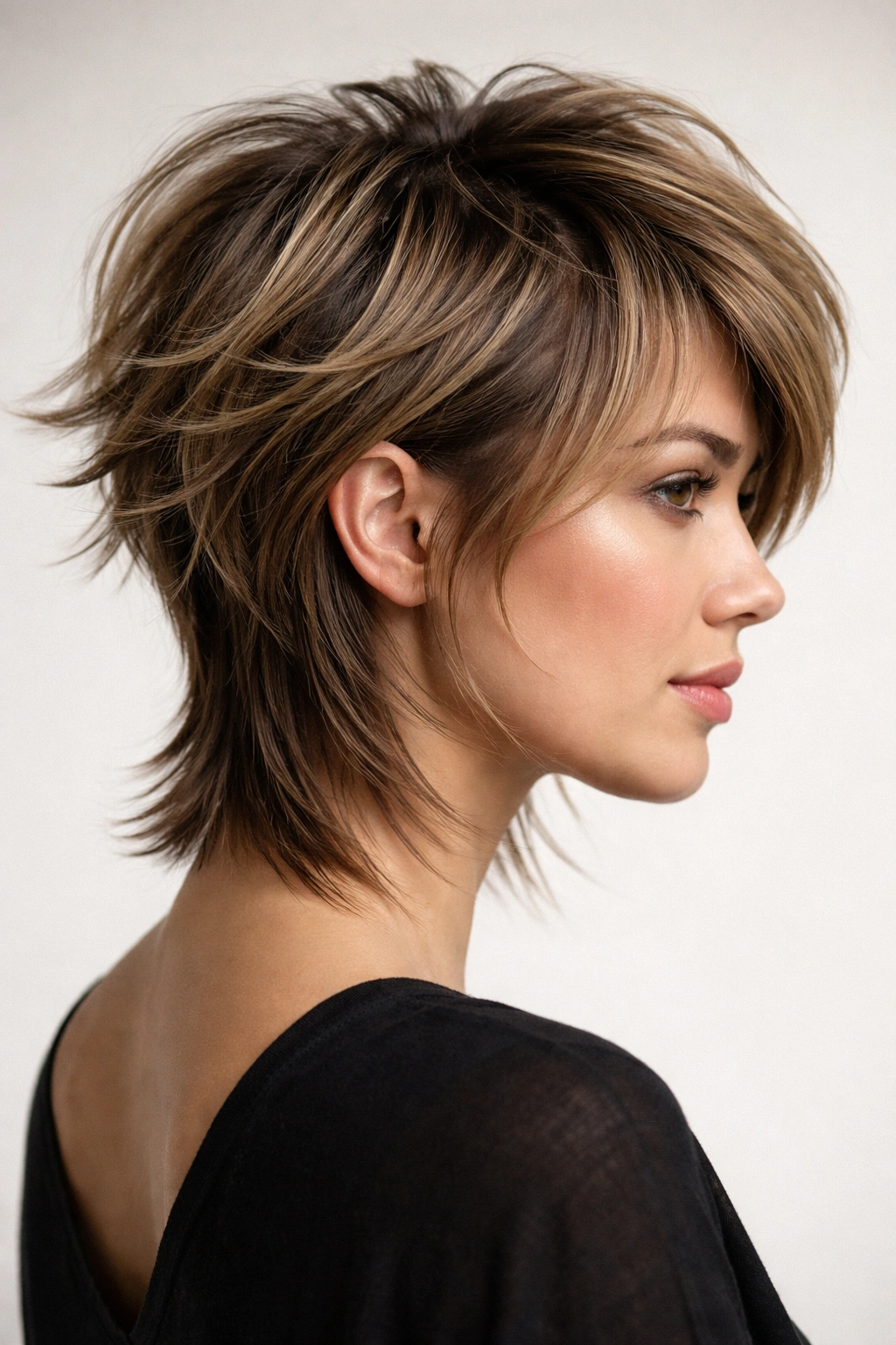 Side profile of disconnected layers haircut showing clear length gap