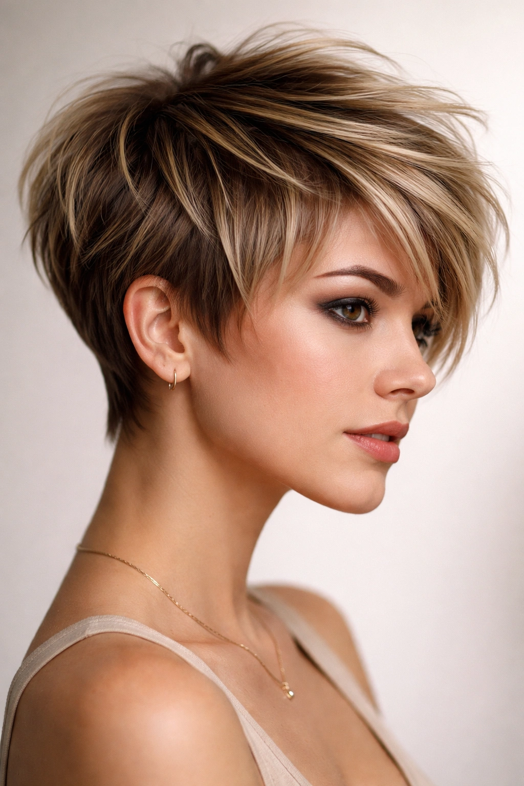 Modern long pixie with disconnected layers showing clear separation