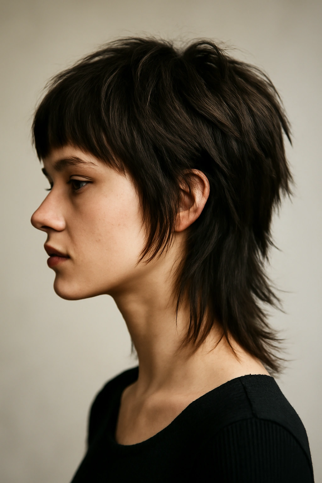 Profile view of disconnected layered wolf cut