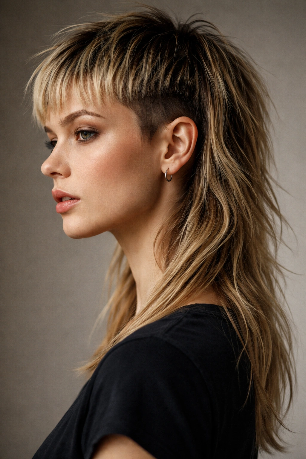 Profile of a woman with a disconnected mullet showing a stark front/back separation