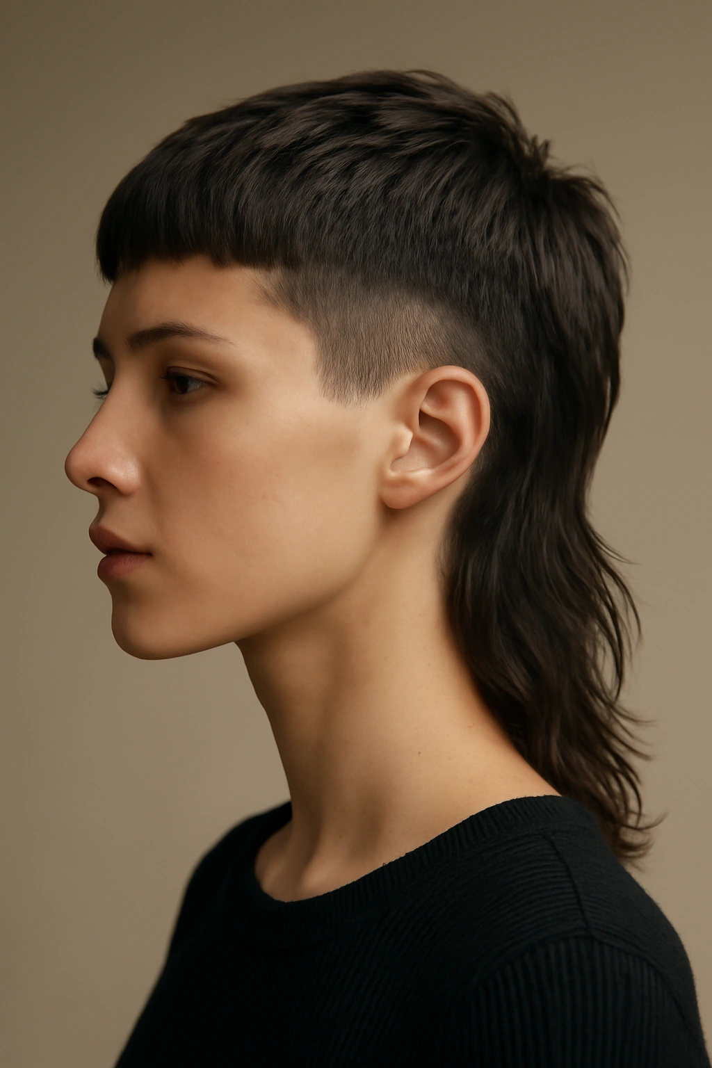 Close-up of a mullet showing a sharp top-back disconnection