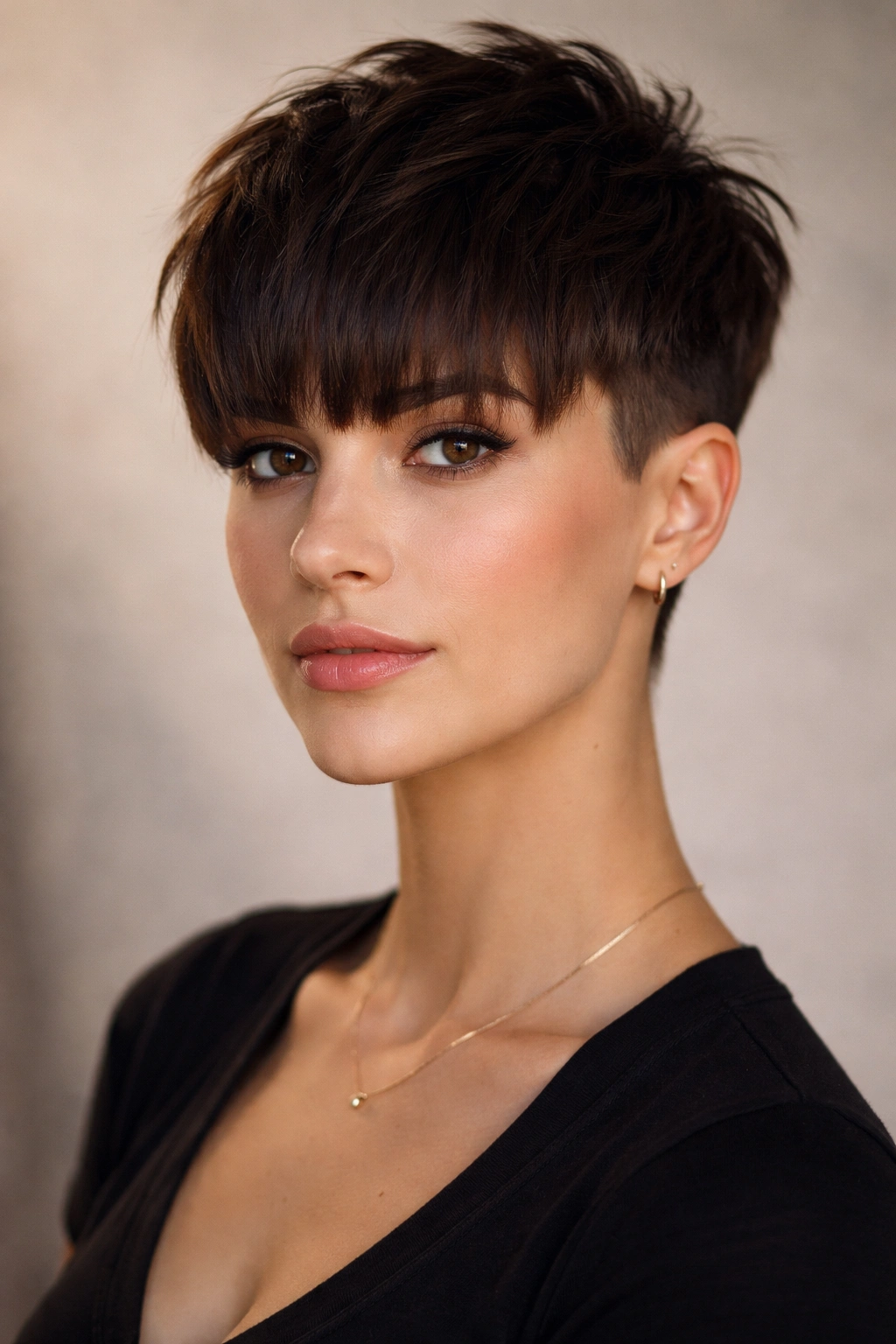 Disconnected pixie with thick bangs and sharp top-side contrast