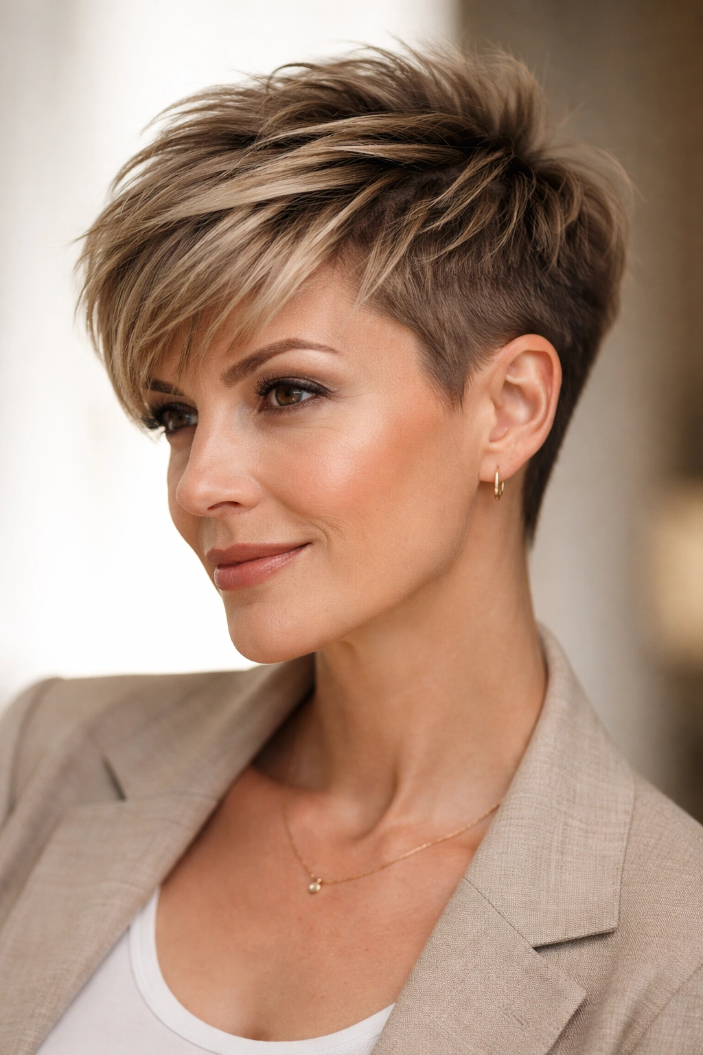 Close-up of a woman with a modern disconnected pixie hairstyle and short sides.