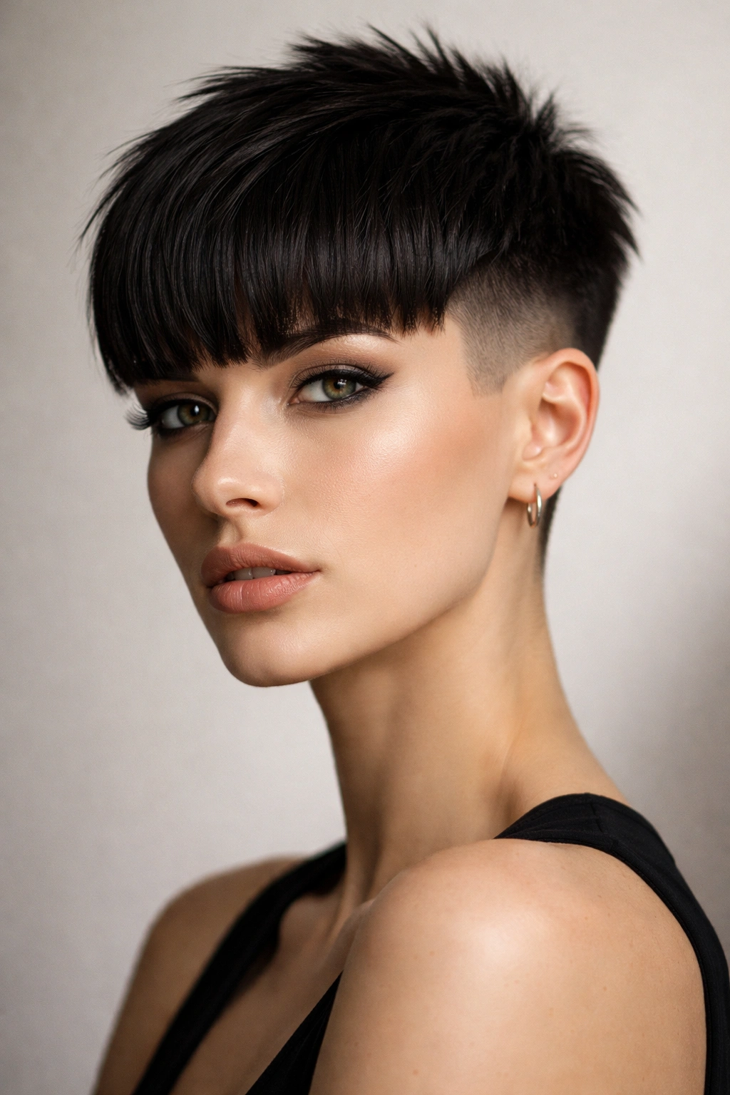 Portrait of a person with a disconnected pixie and thick bangs
