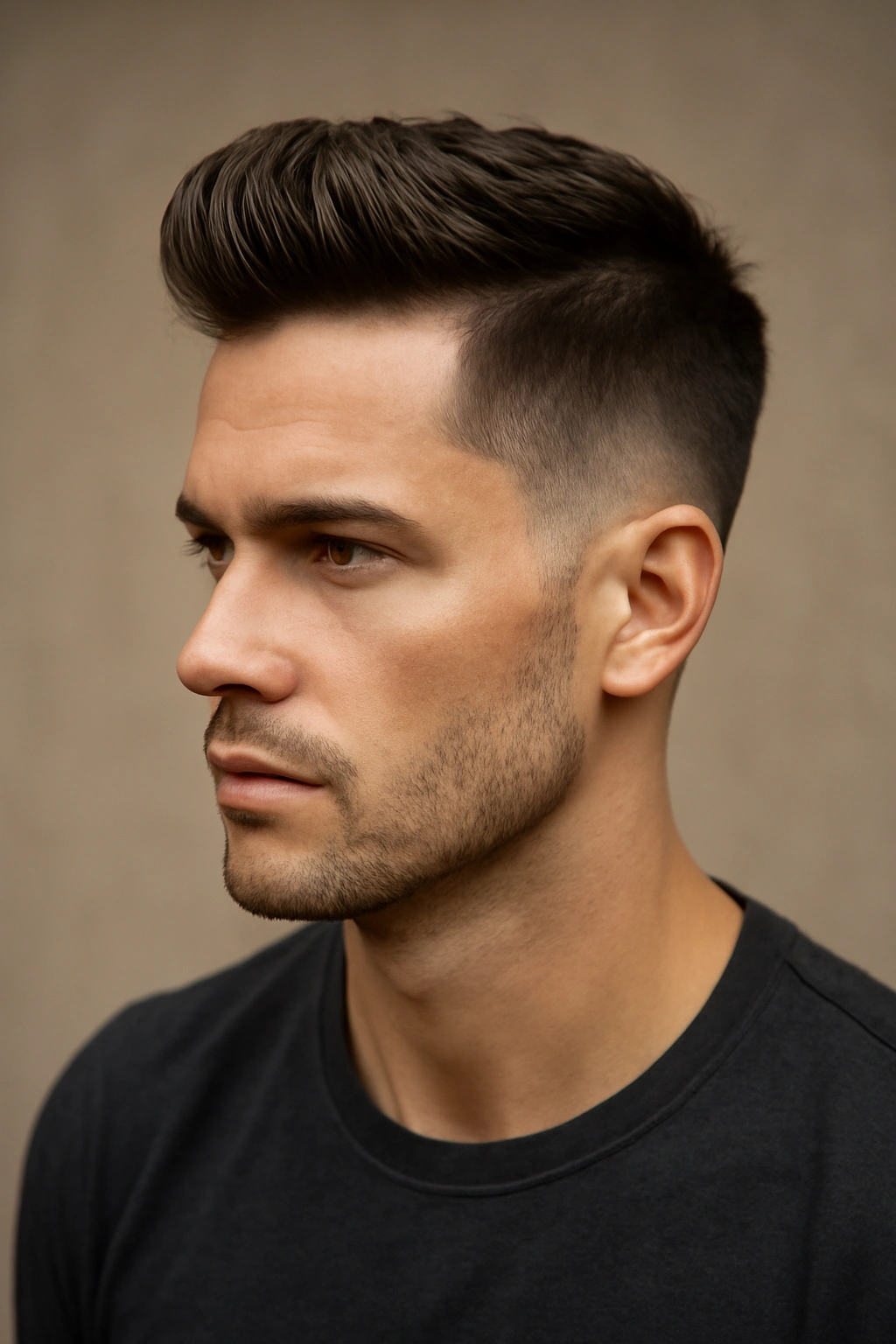 Portrait of a man with a disconnected quiff showing a sharp line between long top and short sides.