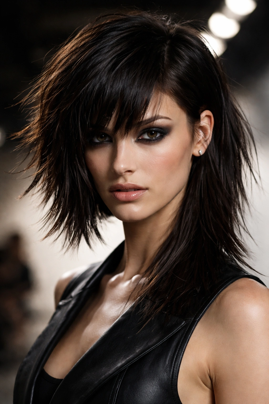 Disconnected shag with severe asymmetry showing unblended lengths and high-fashion edge.