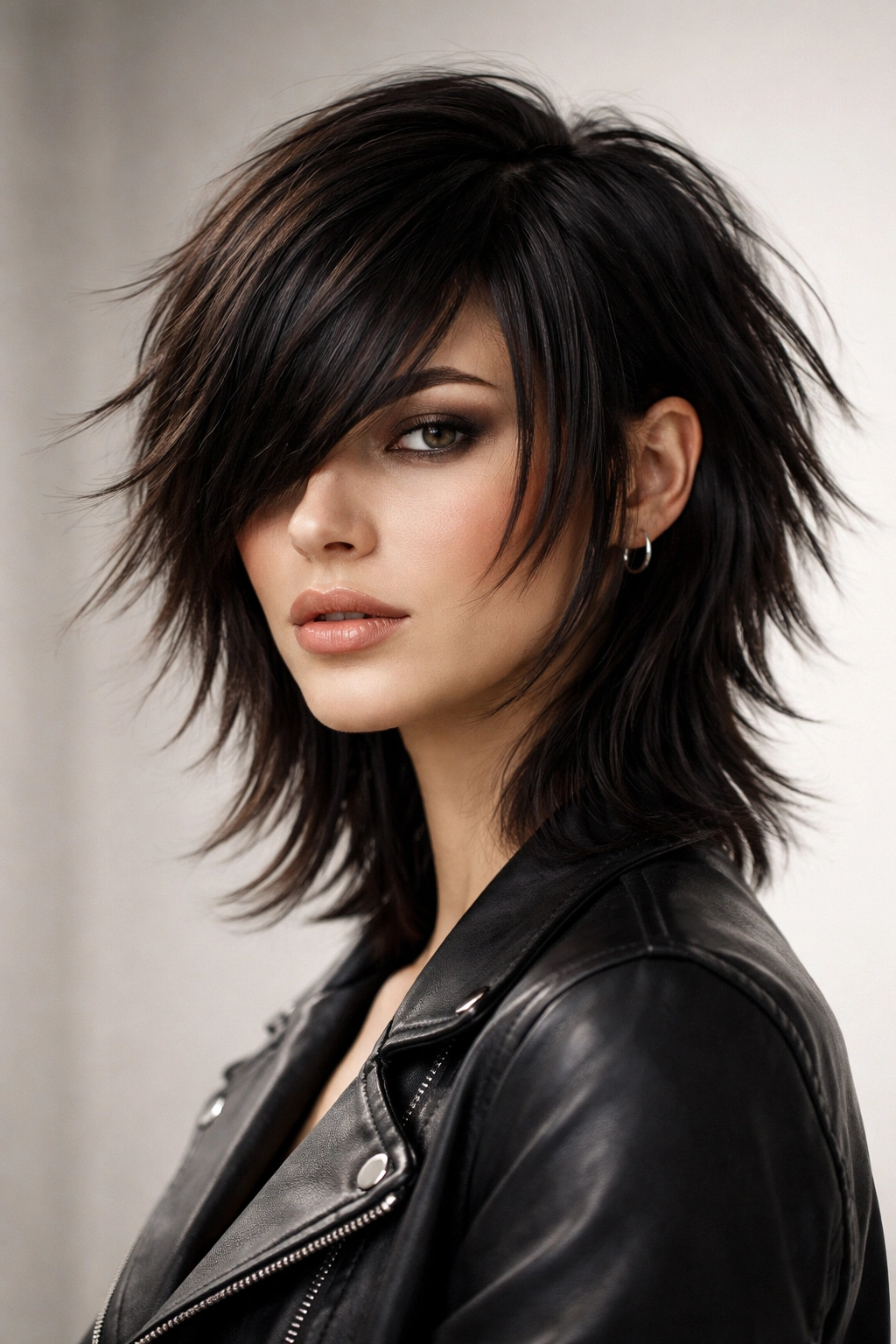 Image of The Modern Disconnected Shag with Blunt Side Bangs showing clear layer separation and blunt bangs