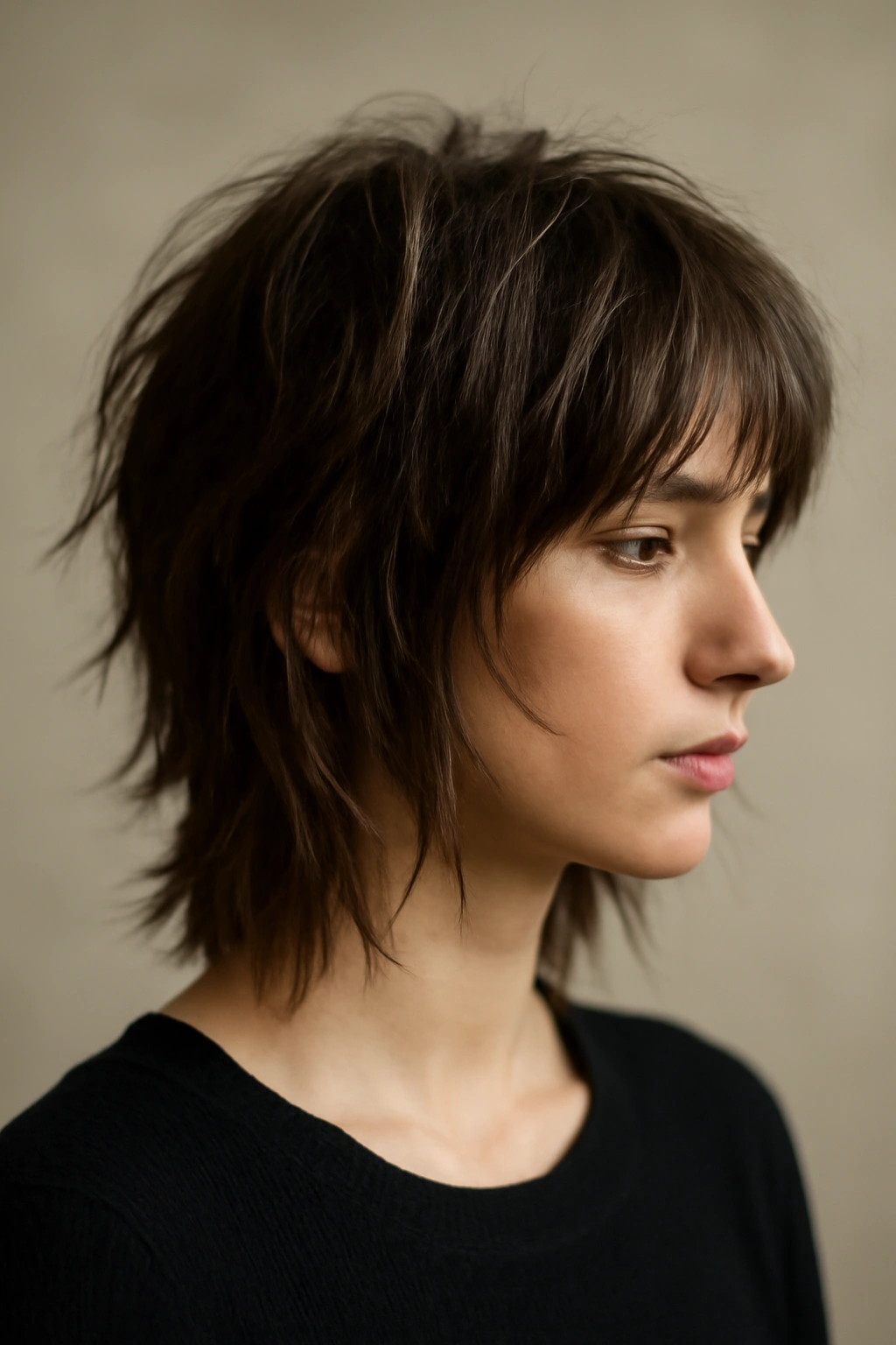 Model with shag haircut showing dramatic disconnected layers and varied lengths