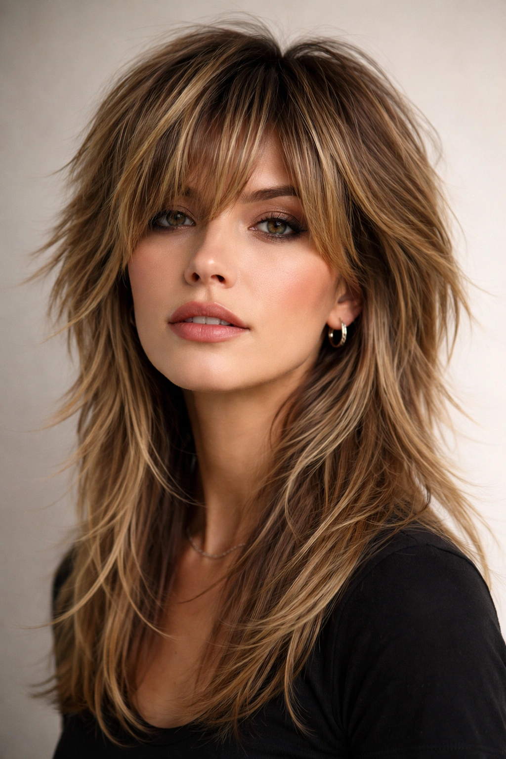 Portrait of disconnected shag layers with short top and longer bottom for bold contrast