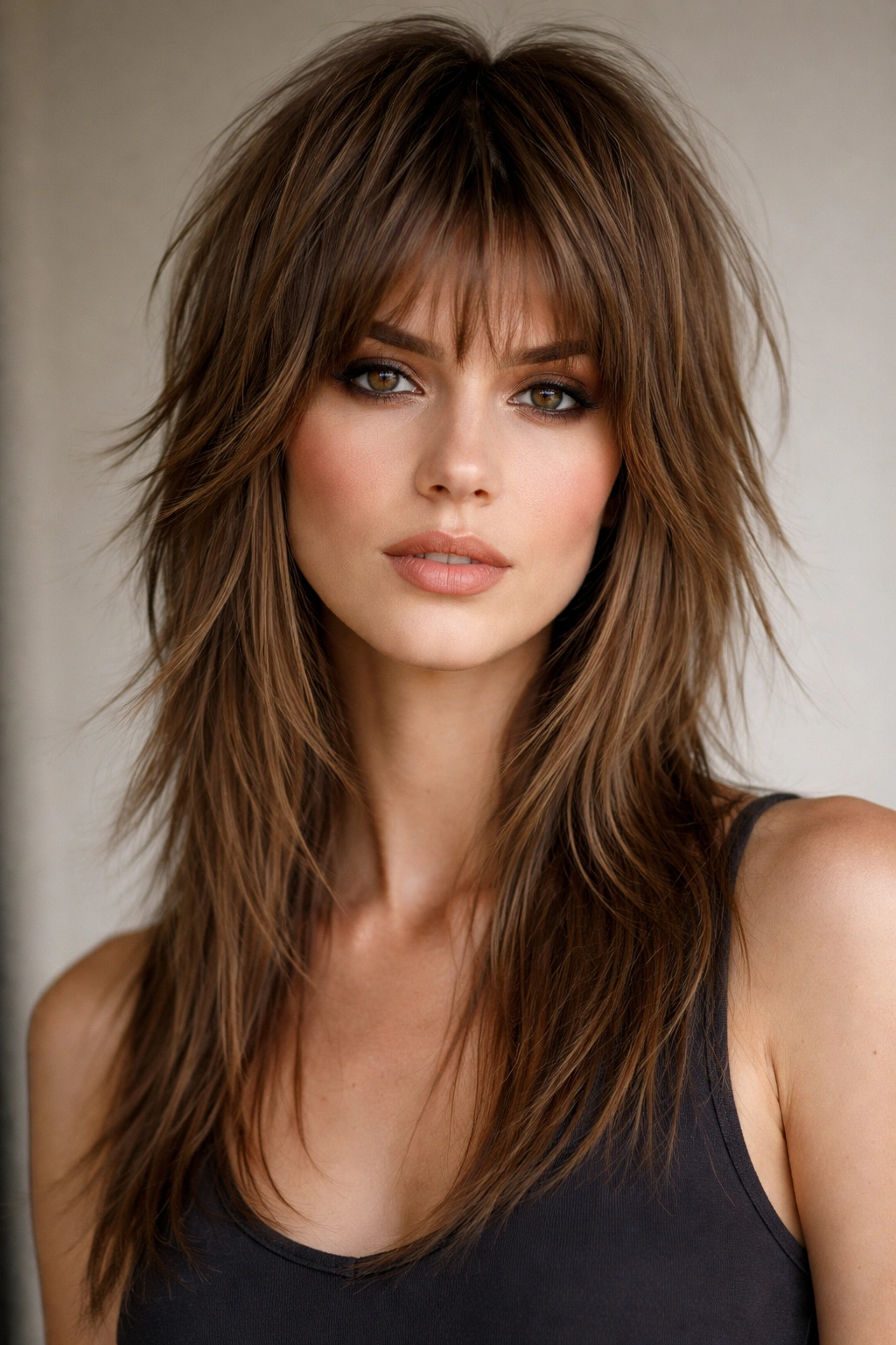 Portrait of straight hair with disconnected shag layers forming distinct piecey sections