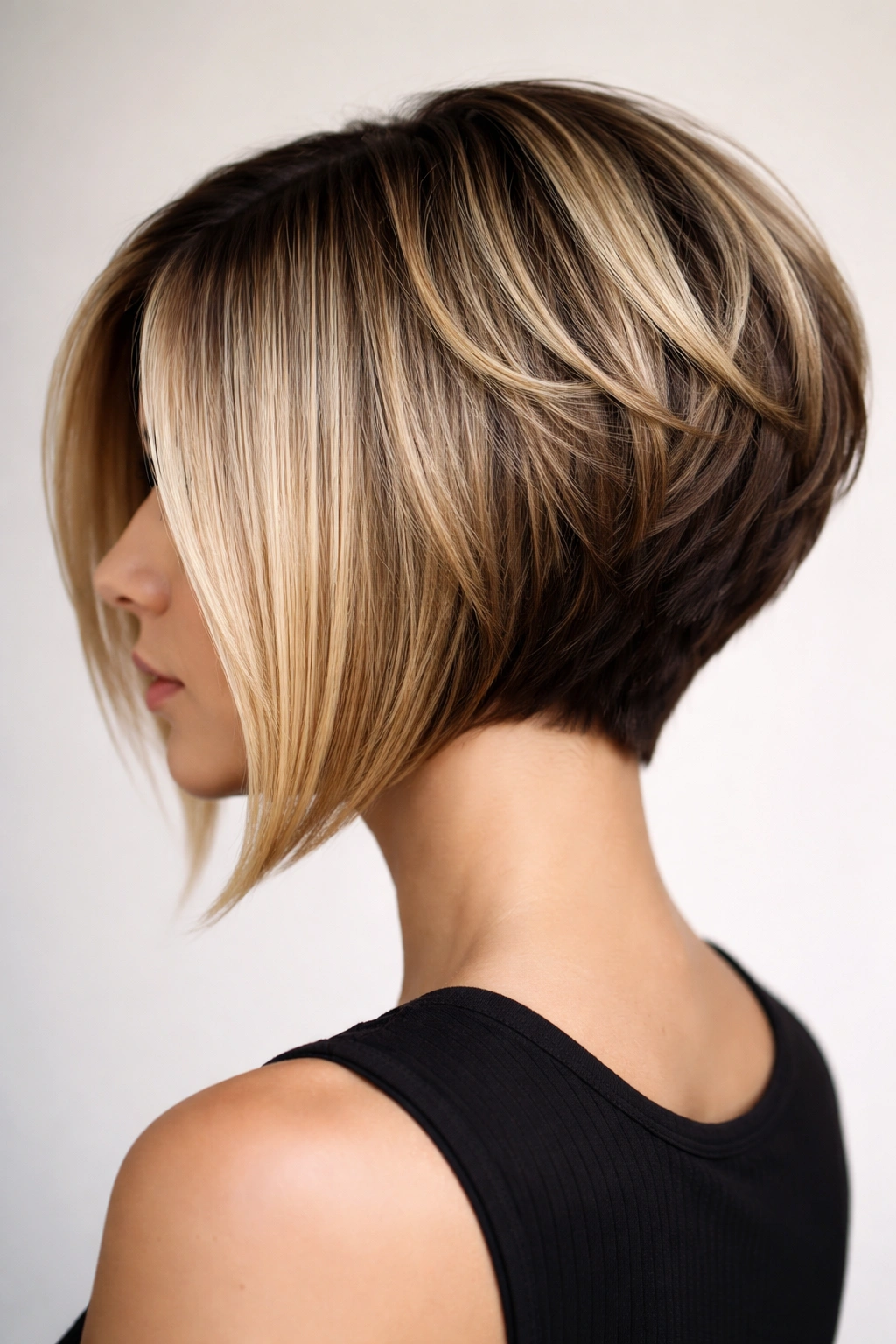 Close-up of a disconnected stacked bob showing distinct front/back sections.