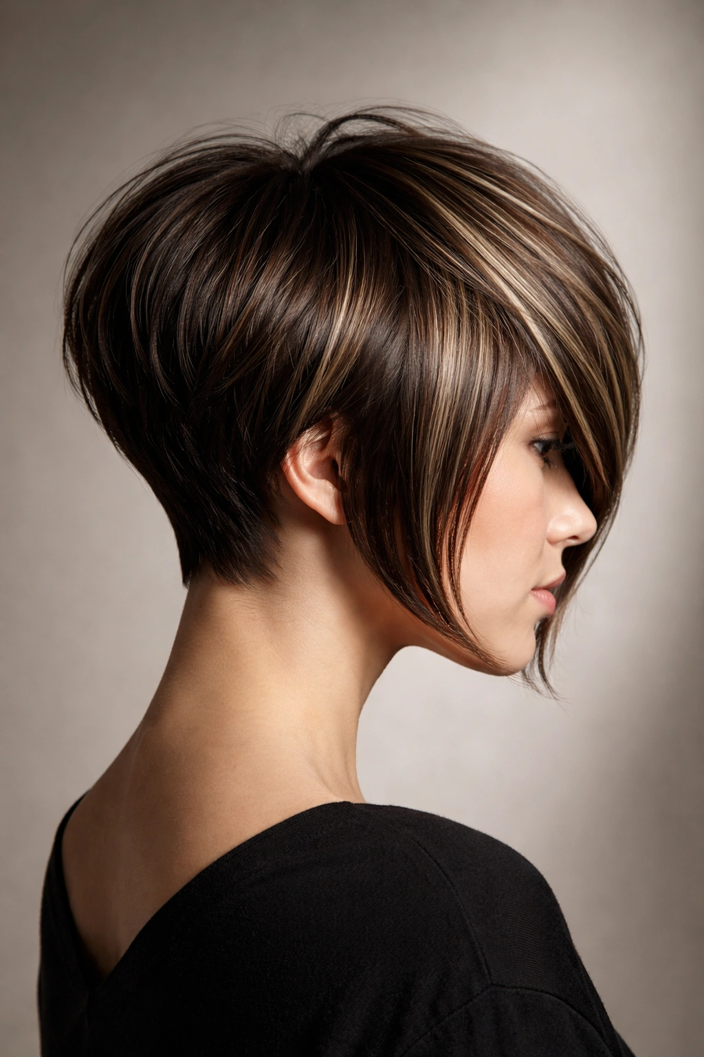 Close-up of a model with a disconnected stacked bob showing a sharp crown-to-length disconnect