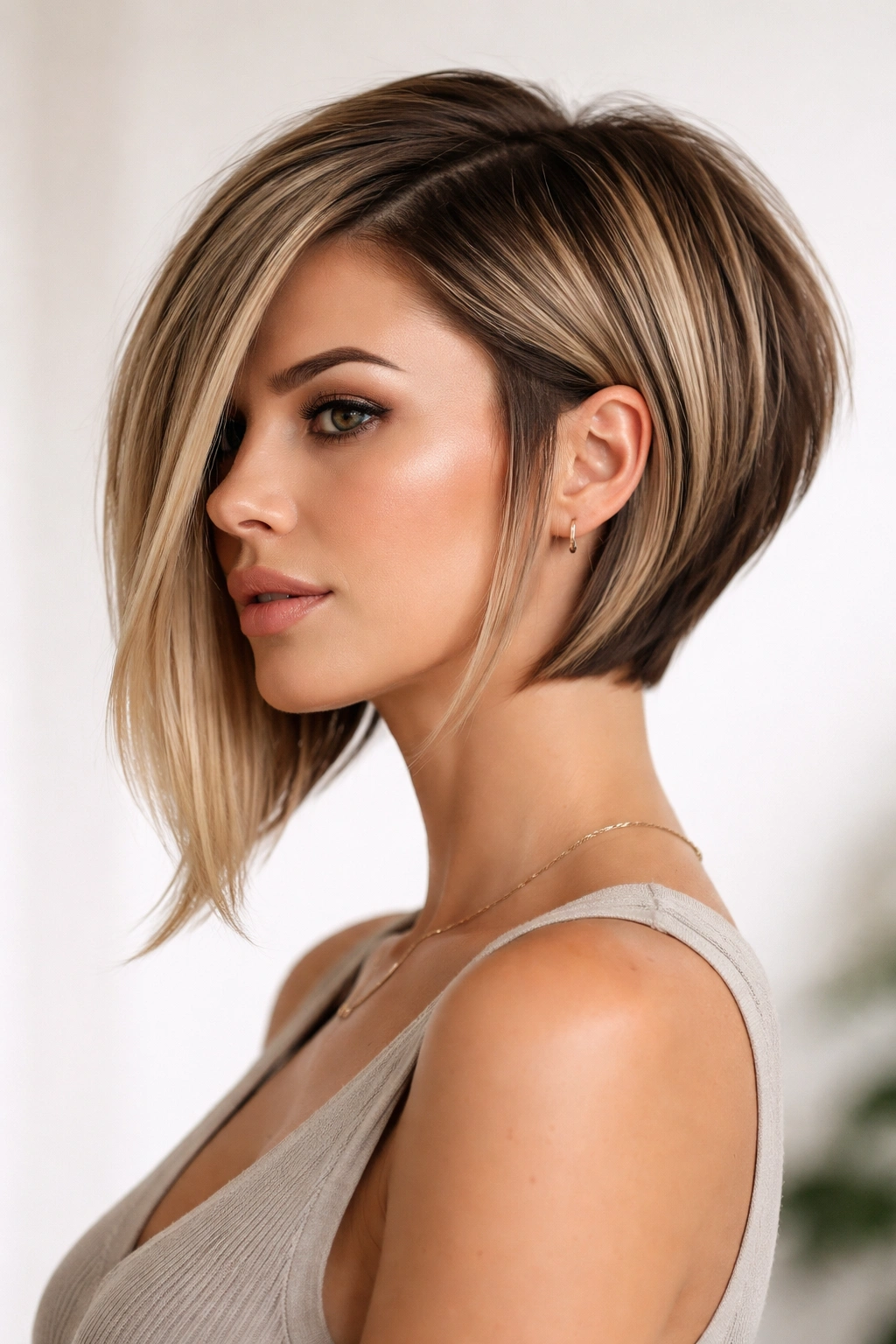 Front-to-back view of a disconnected stacked bob showing distinct sections and a shorter back
