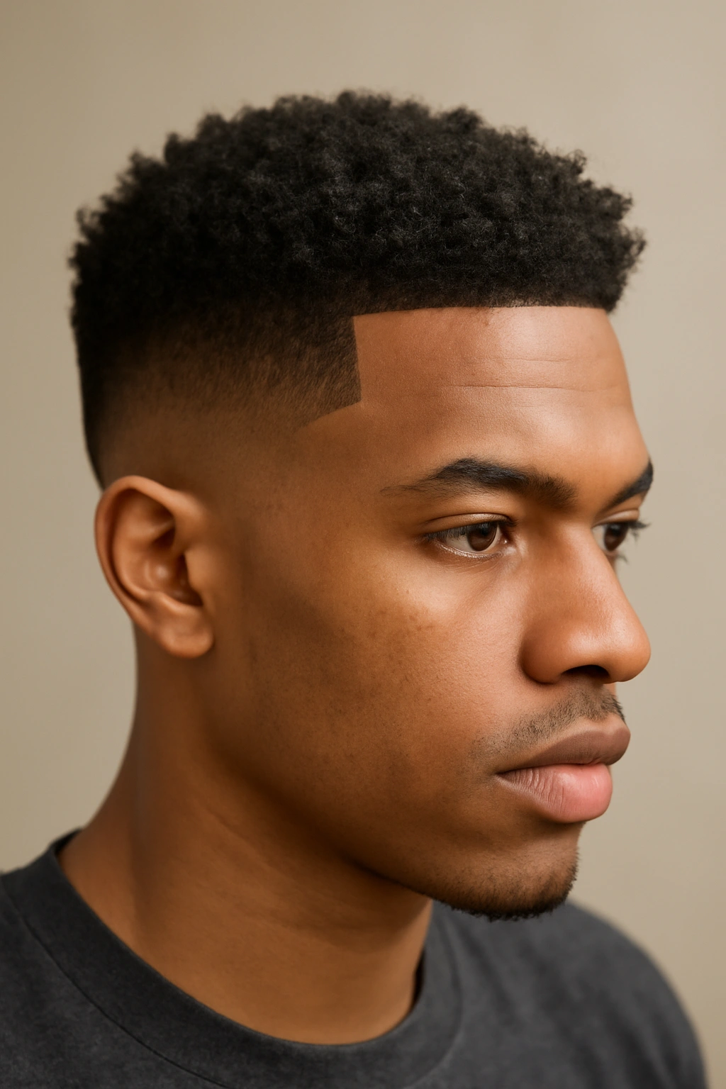 Portrait showing a defined line between very short sides and longer textured top
