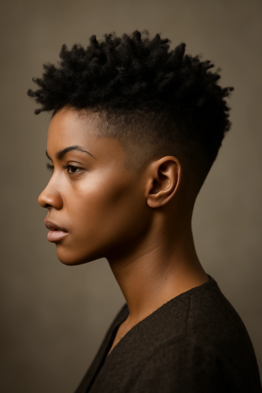 Portrait showing a disconnected textured crop with a clearly longer crown and short sides