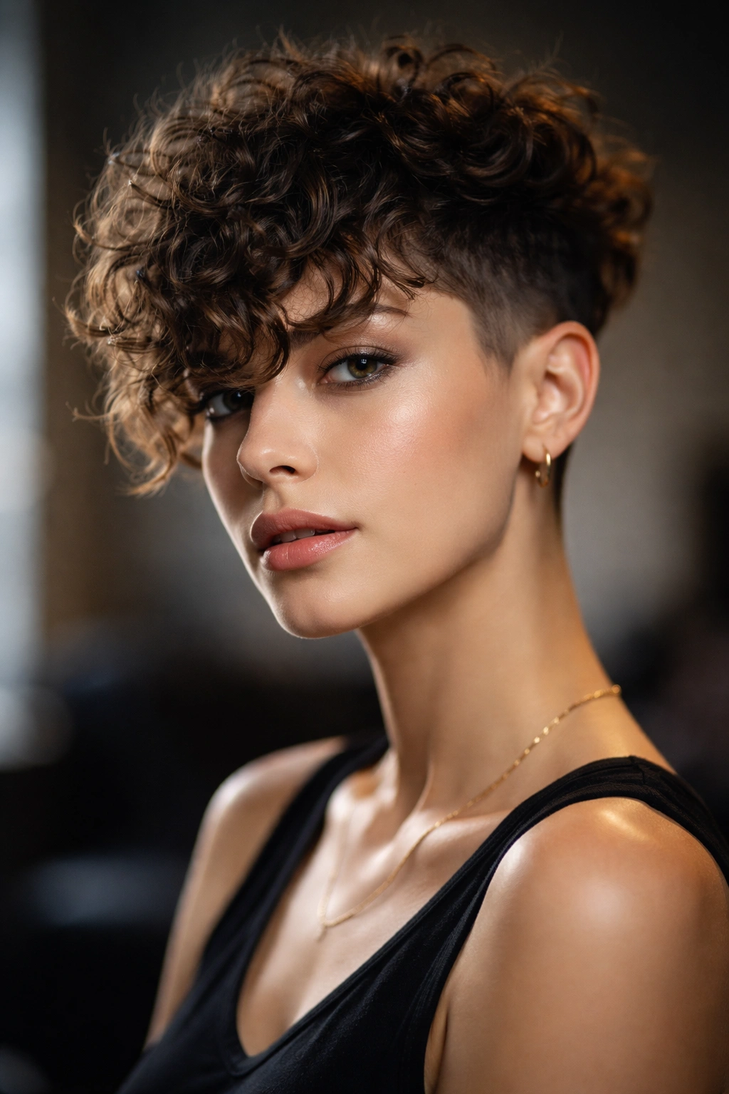 Disconnected top hairstyle with long curly bangs