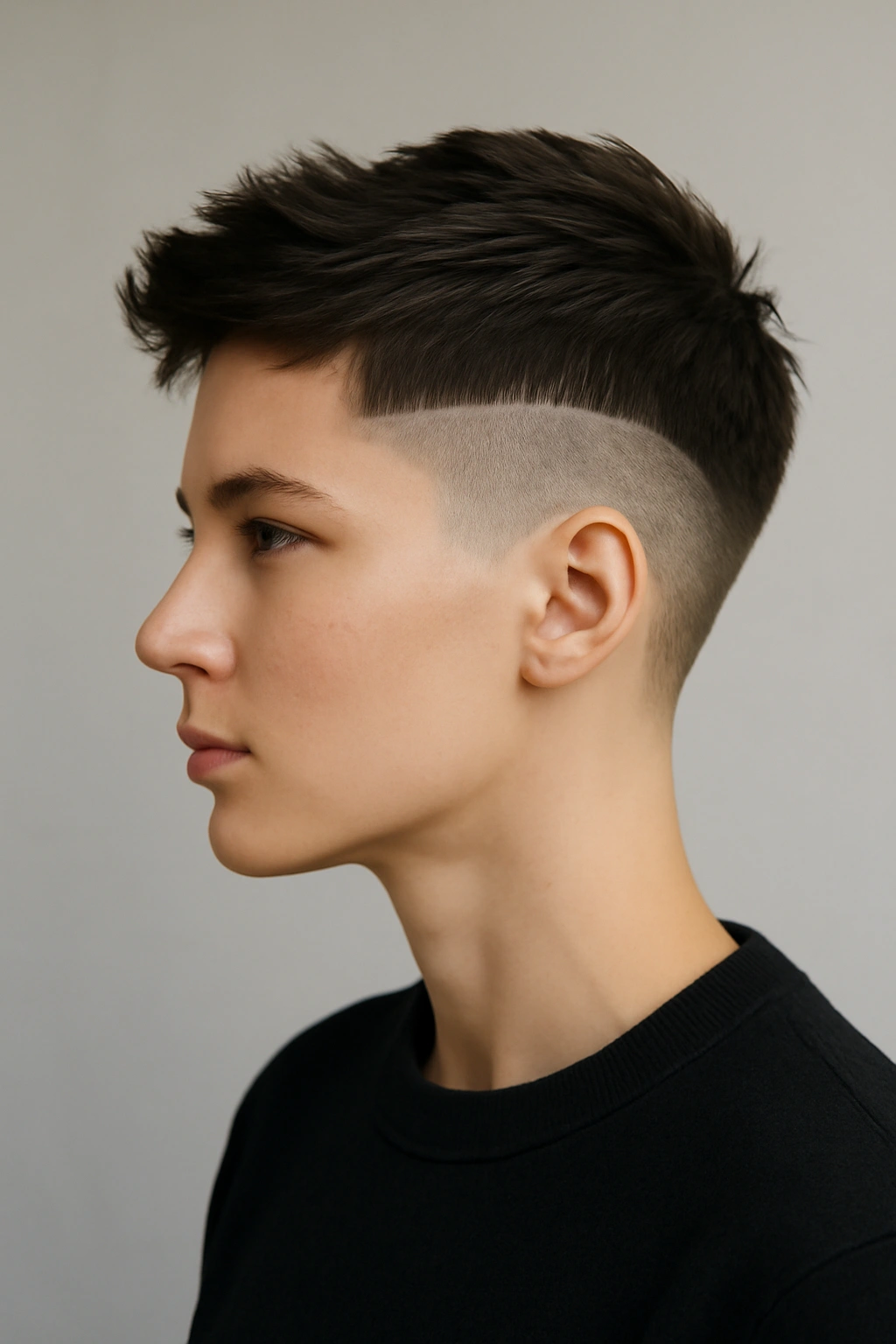 Close-up of The Disconnected Undercut hairstyle showing a sharp line between short sides and longer top