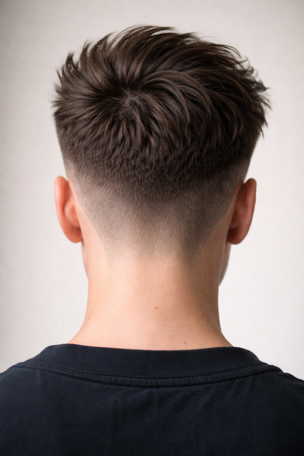 Back view of a disconnected undercut showing a sharp line between shaved sides and longer top.