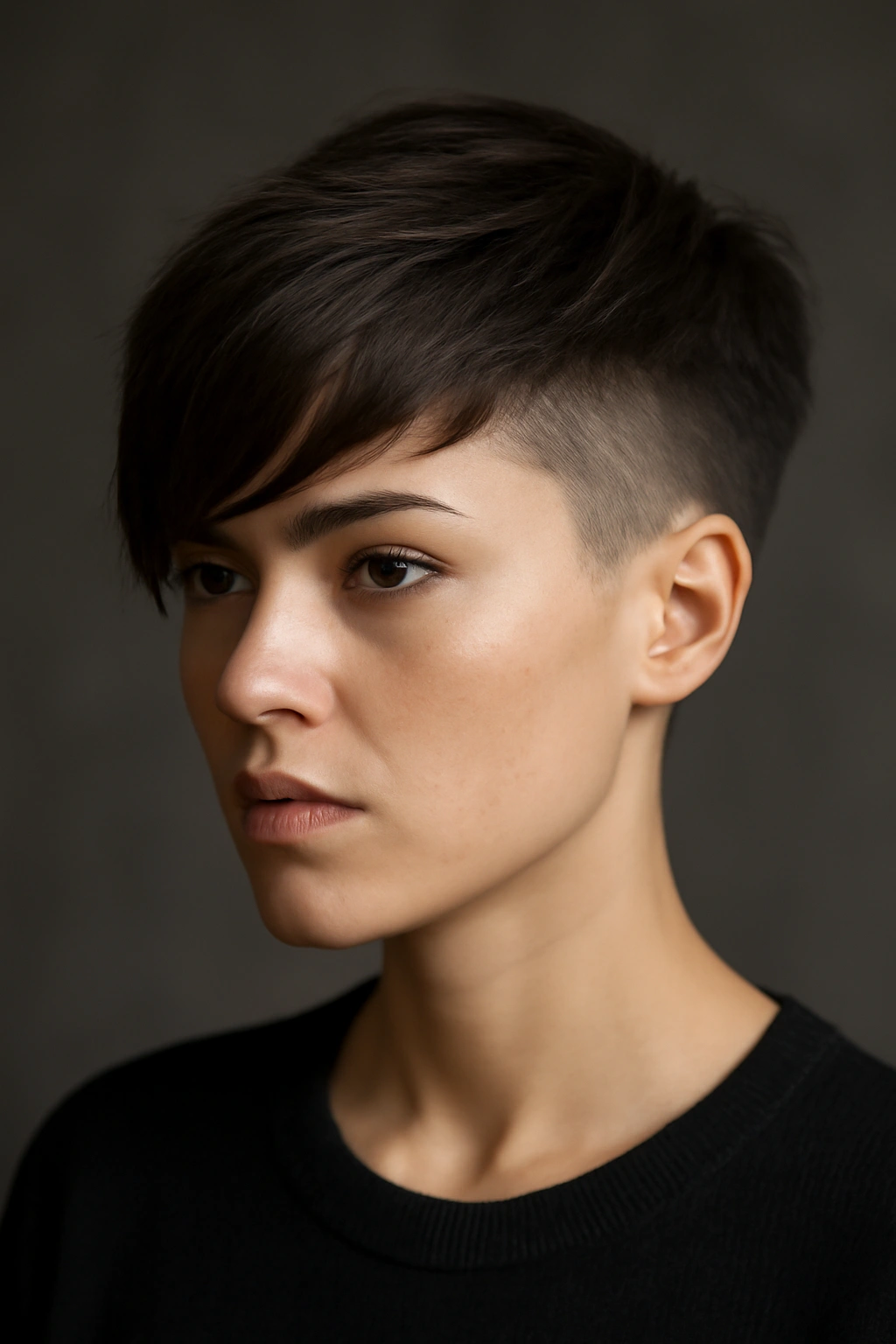 Close-up of The Disconnected Undercut with Longer Bangs showing bold contrast between top and sides.