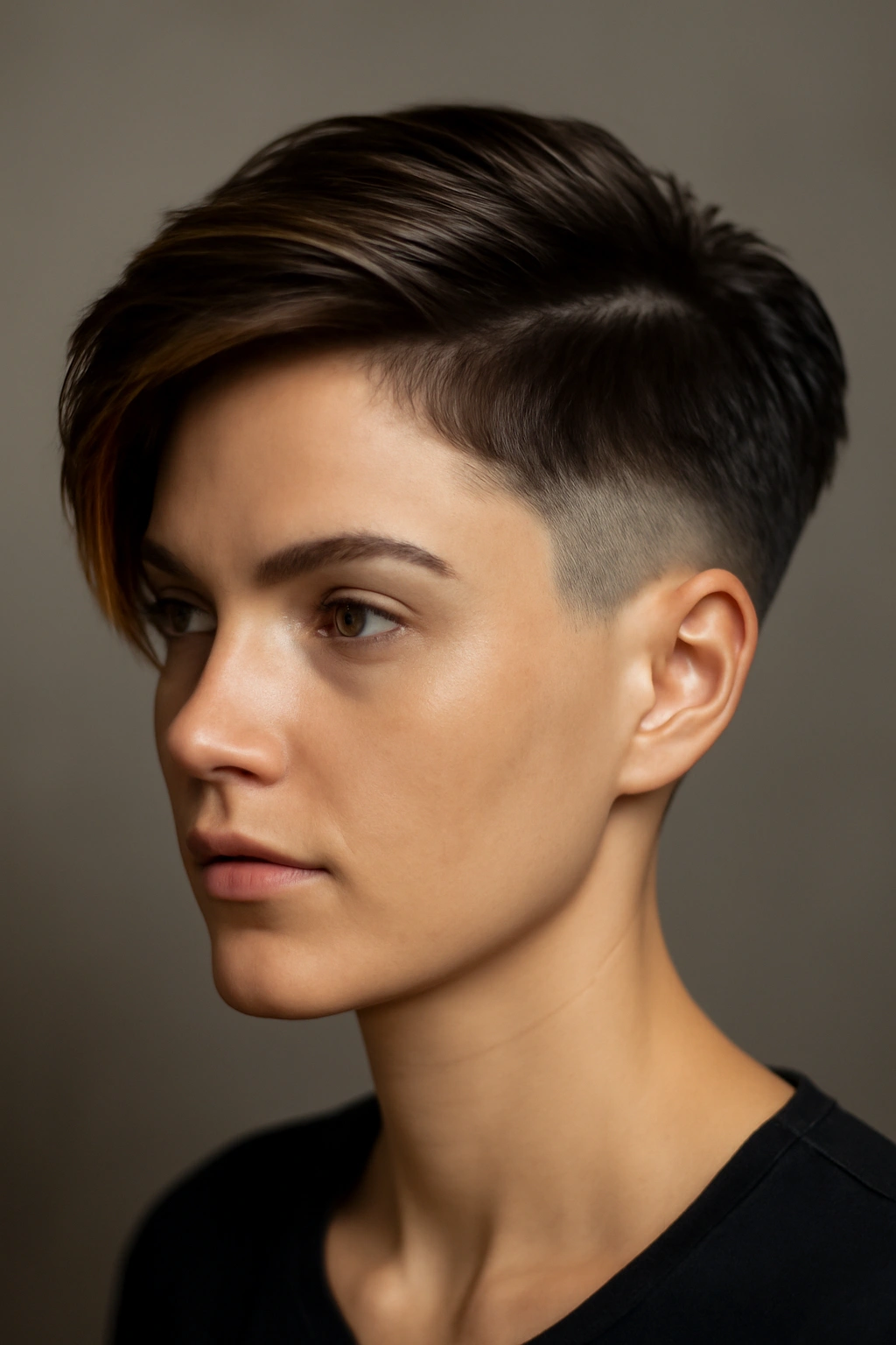 Close-up of a disconnected undercut hairstyle with caramel highlights