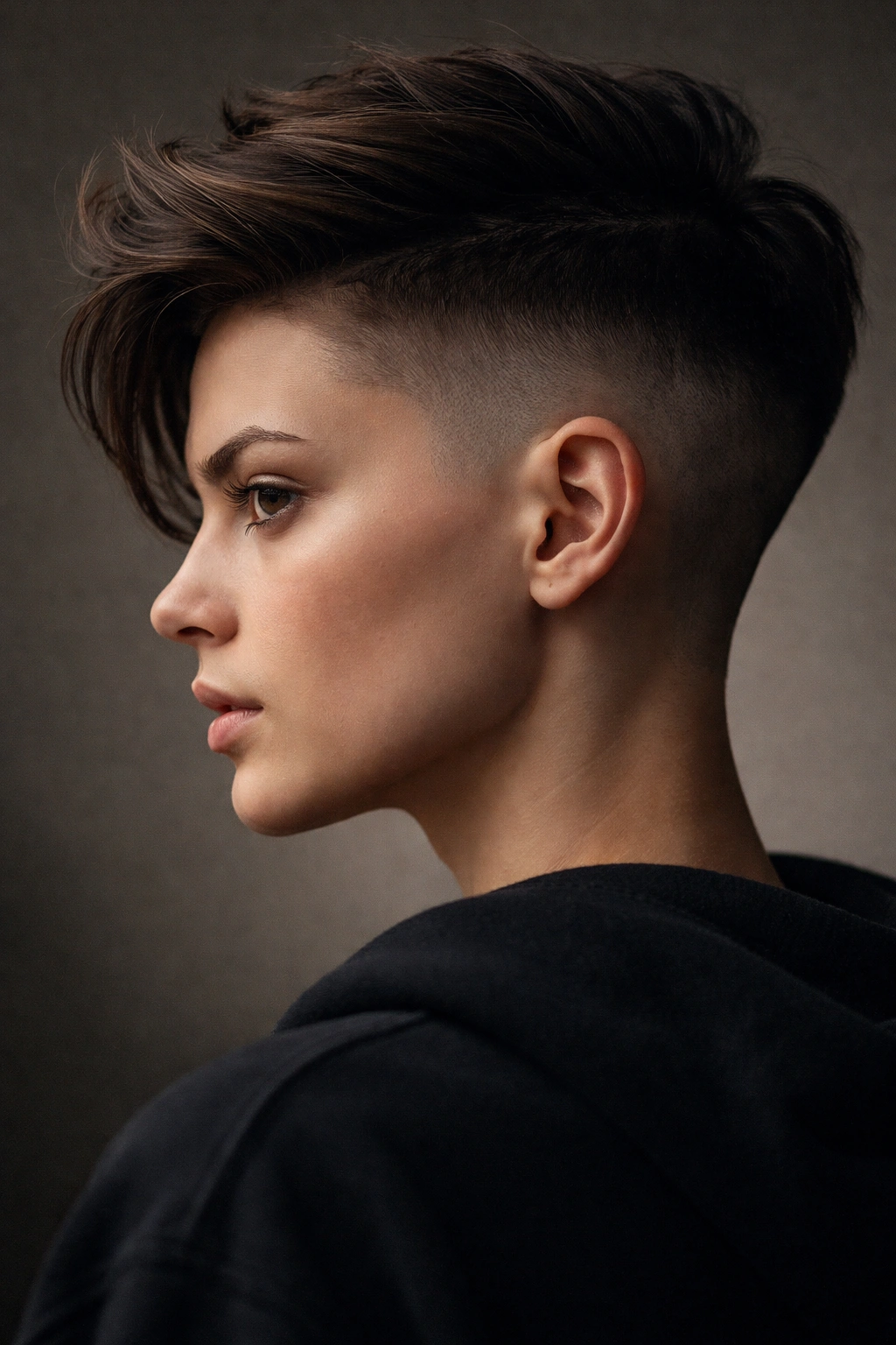 Side profile of a person with a disconnected undercut fade showing a sharp separation between top and sides.
