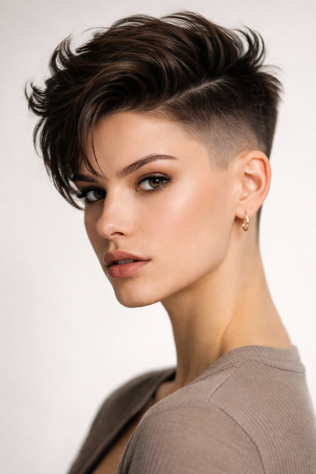 Portrait of a model with a disconnected undercut, short sides and a longer top with a sharp boundary