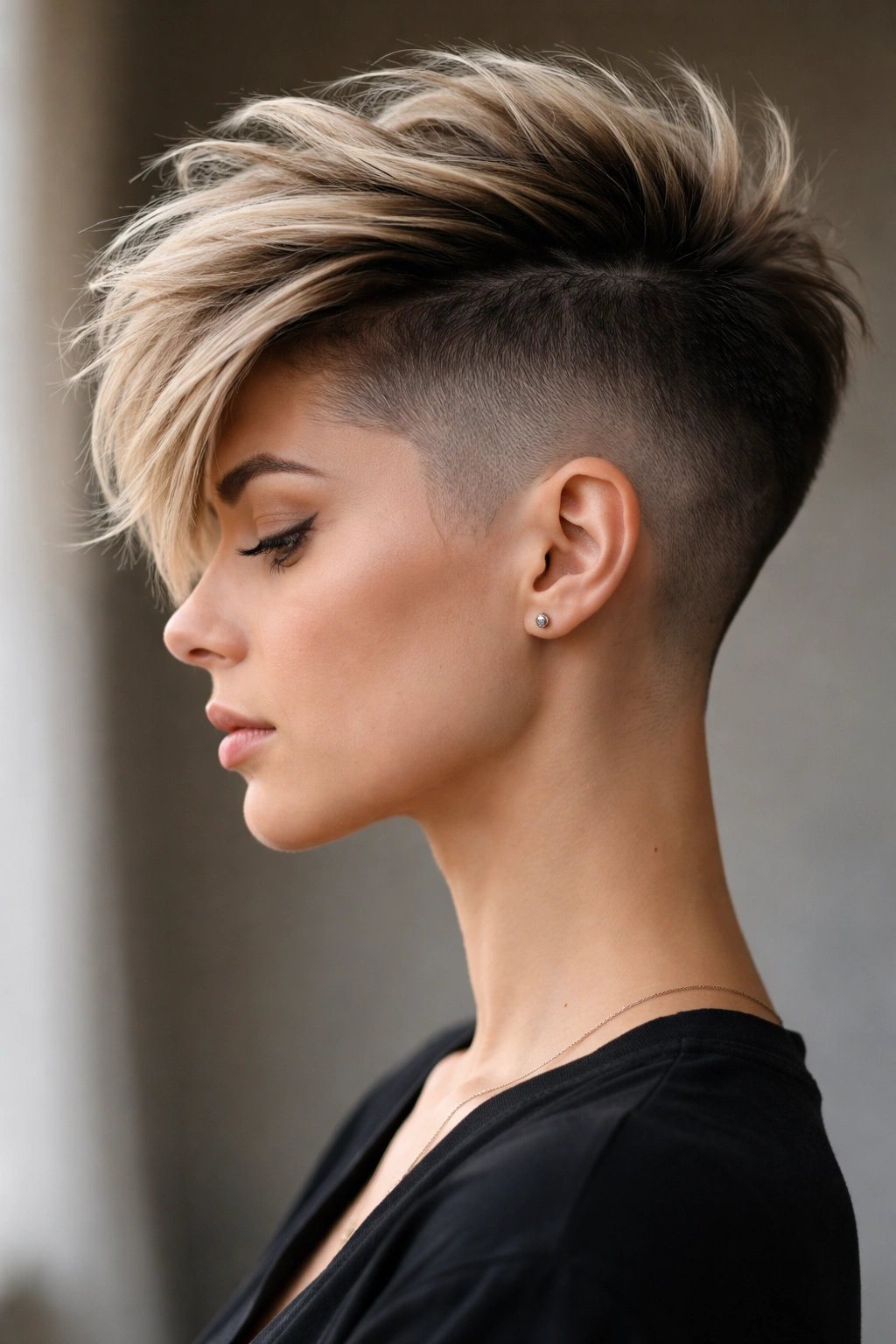 Portrait of a person with a disconnected undercut showing a sharp contrast between sides and top