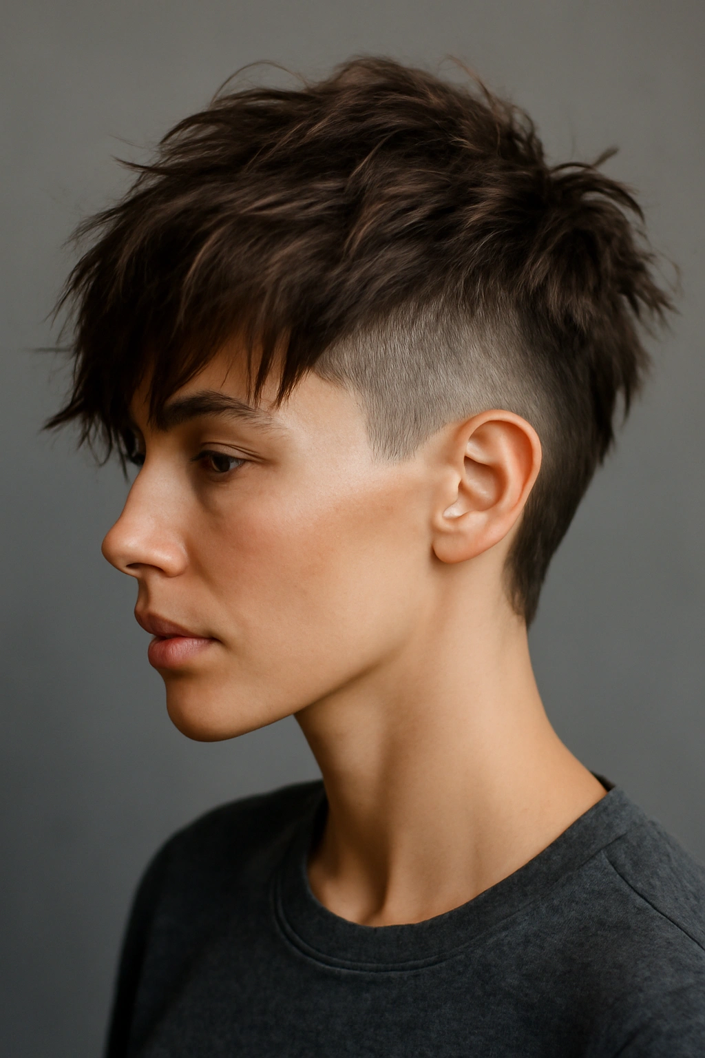 Model with disconnected undercut shag showing sharp contrast between short sides and long top