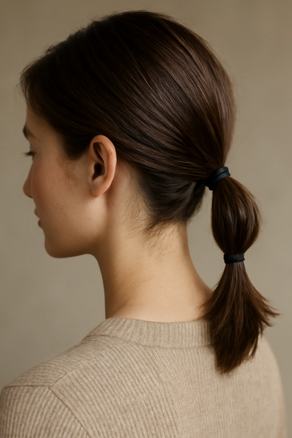 Ponytail with two elastic bands creating segmented sections