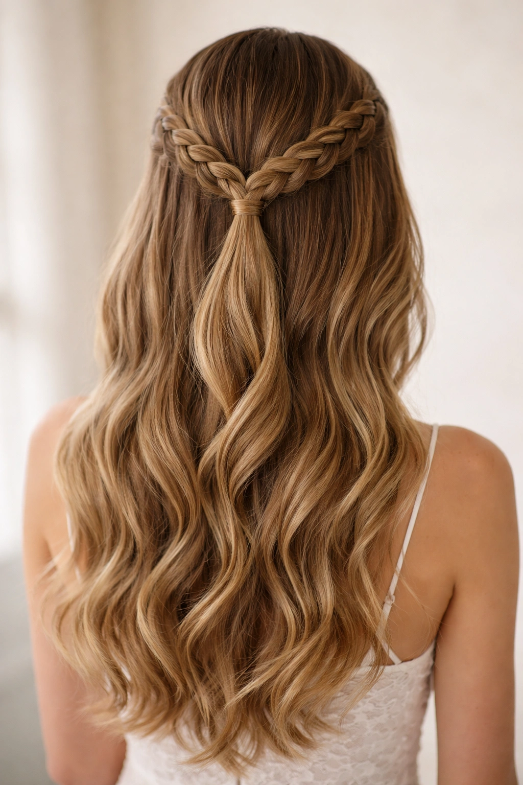 Close-up of a wedding hairstyle with two parallel braids framing the head and meeting at the back