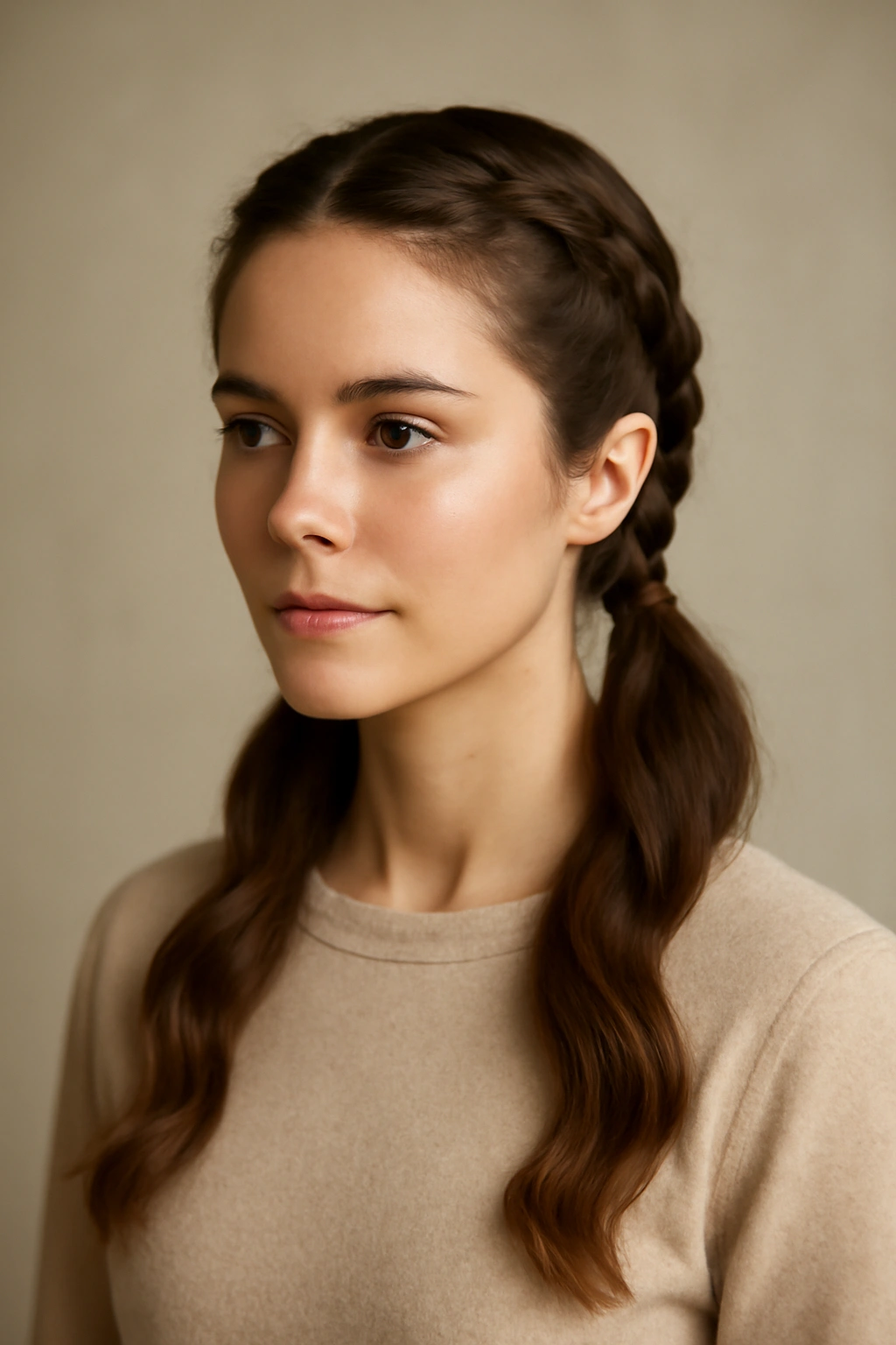 Two braids framing the face and joining into a low ponytail.