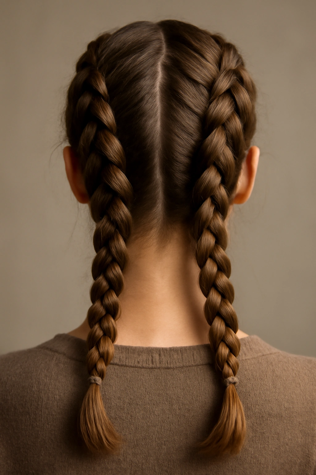 Symmetrical double Dutch braids running down the head