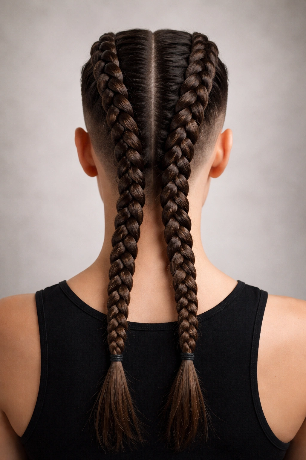 Back view showing two parallel Dutch braids down the head with a fade