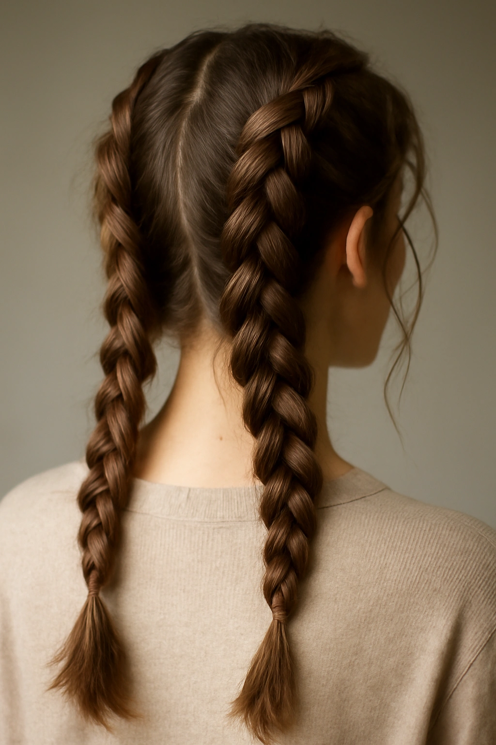 Close-up of symmetrical loose Dutch braids running down the back of the head