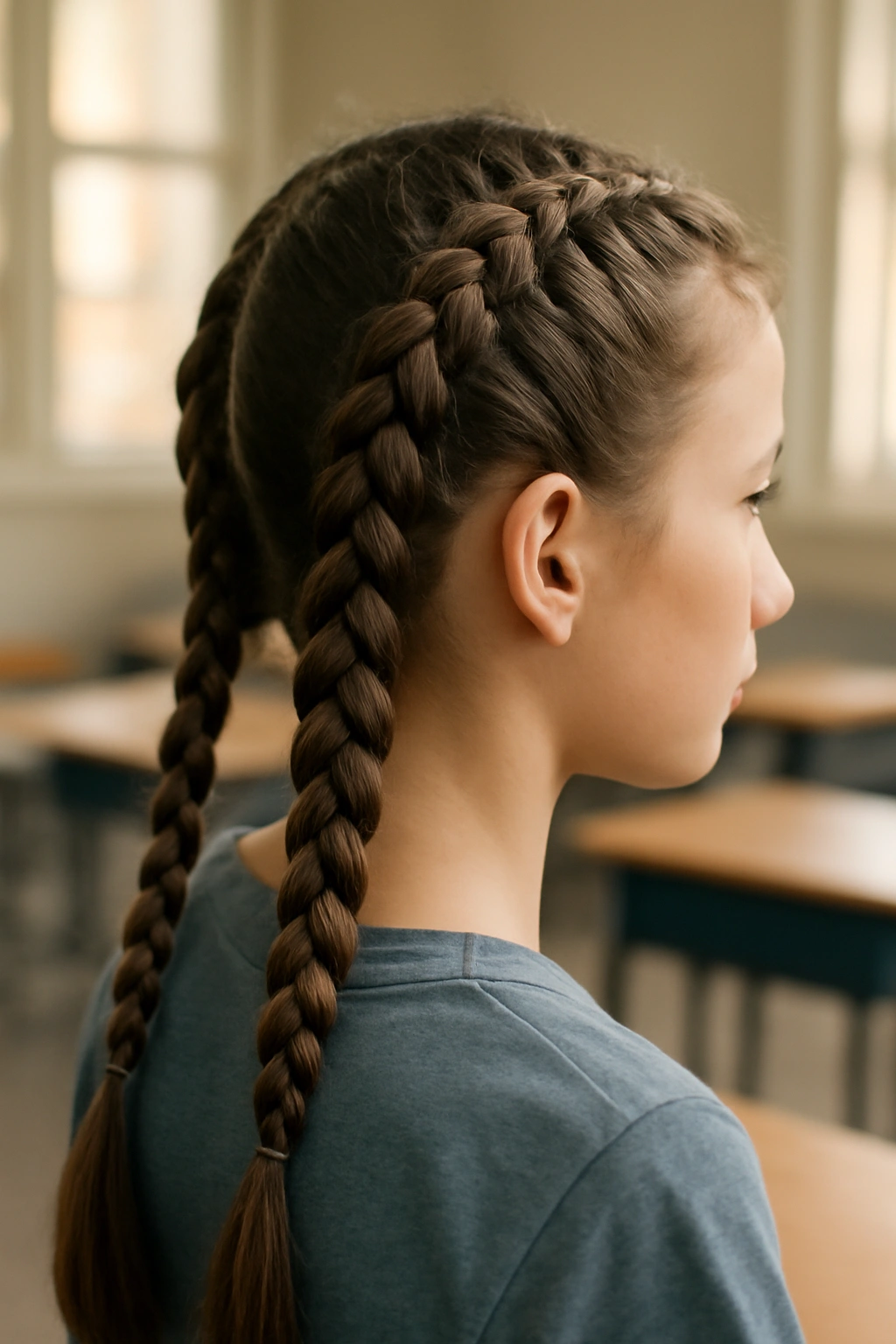 Two Dutch braids along the scalp from temple to nape