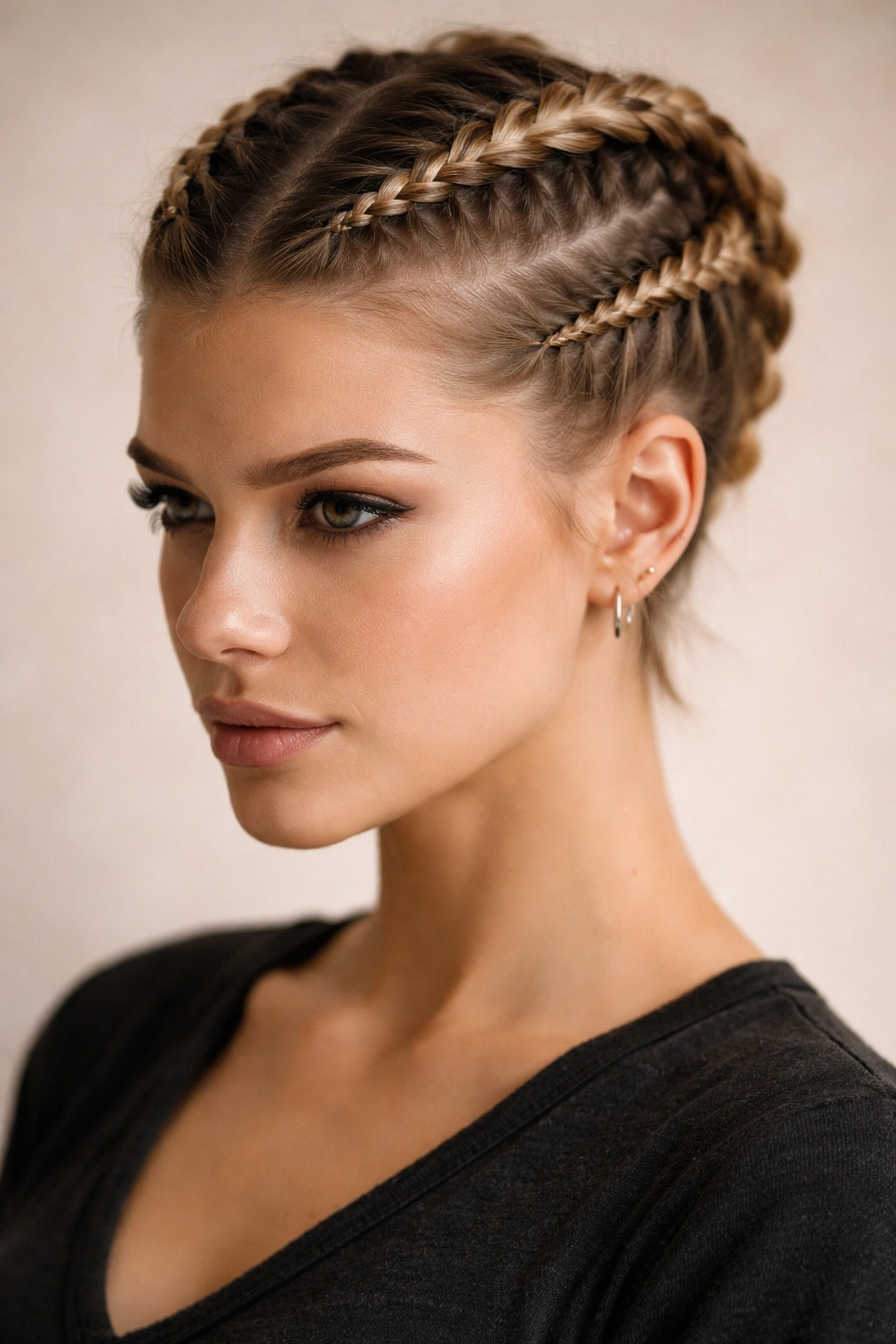 Two symmetrical Dutch braids on short hair framing the head
